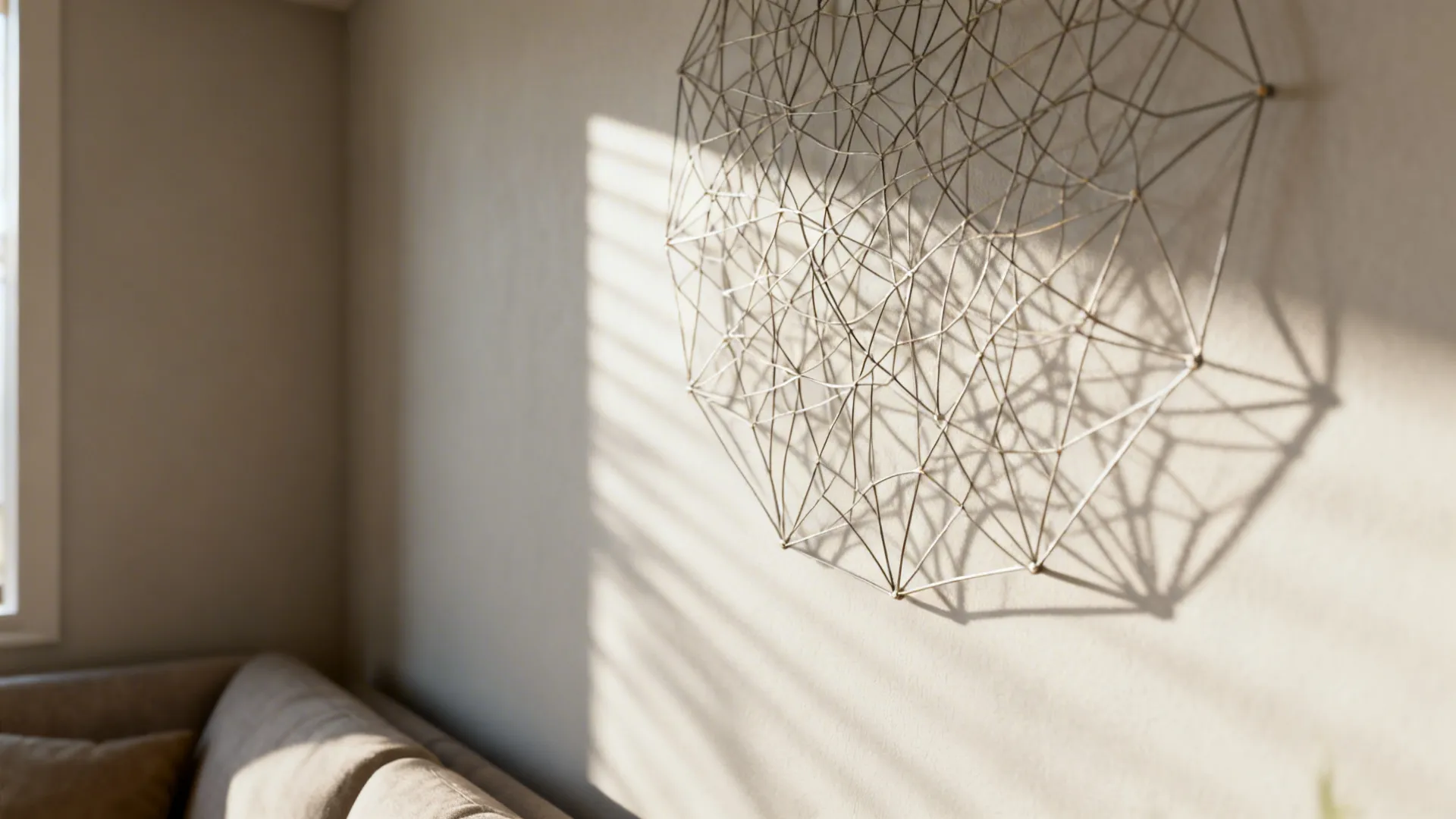 Thin wire relief casting delicate shadows on a living room wall creating airy texture.