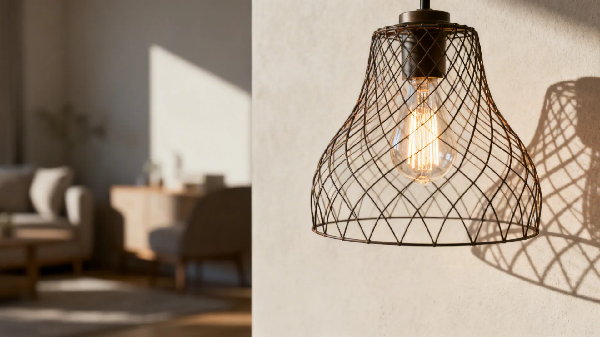 Metal wire light fixture with a glowing bulb in front of a blurred living room
