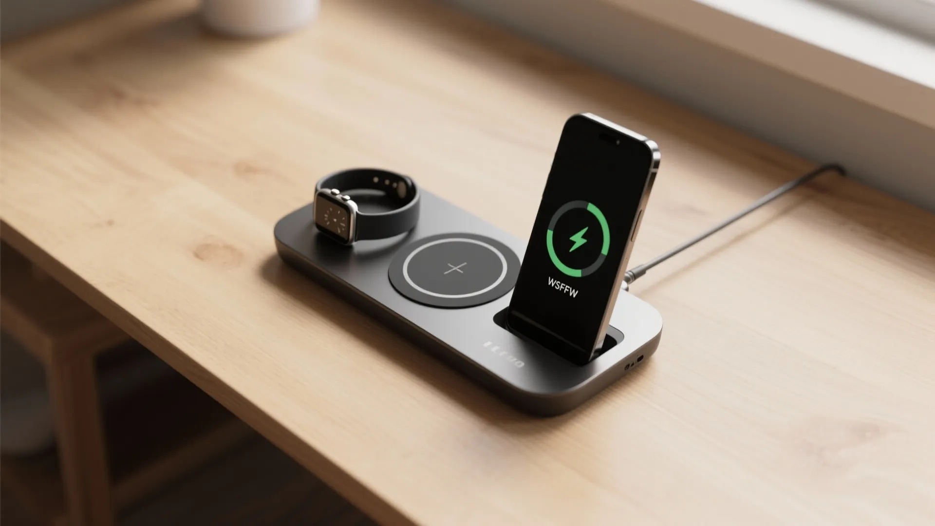 Minimalist wireless charging station on light wood desk