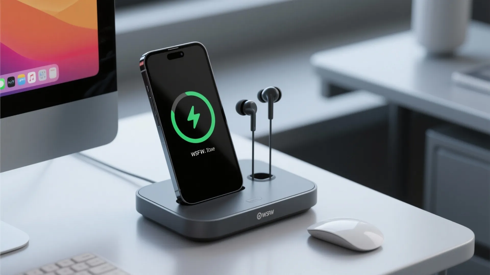 Desk with a black charging stand holding a smartphone and earbuds for battery power supply setup