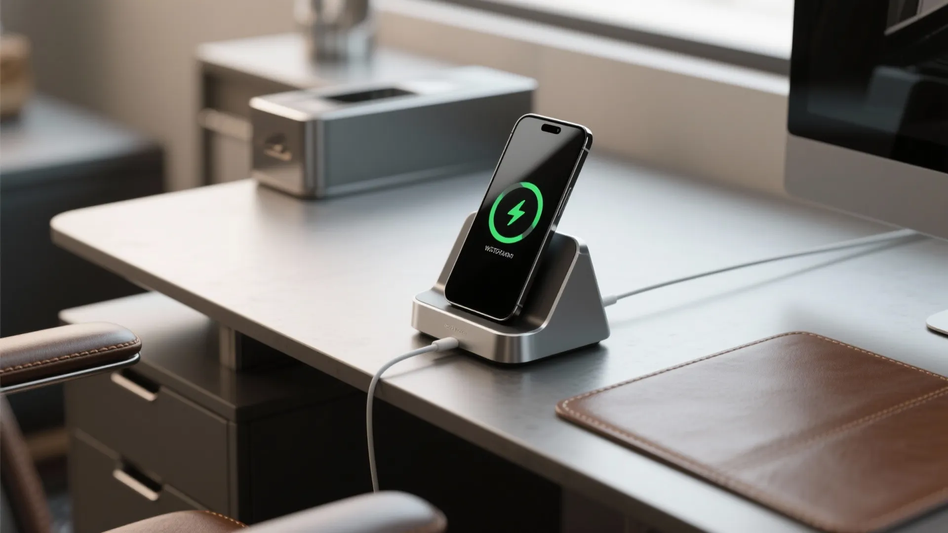 Smartphone charging on a silver wireless stand placed on a grey desk with computer monitor