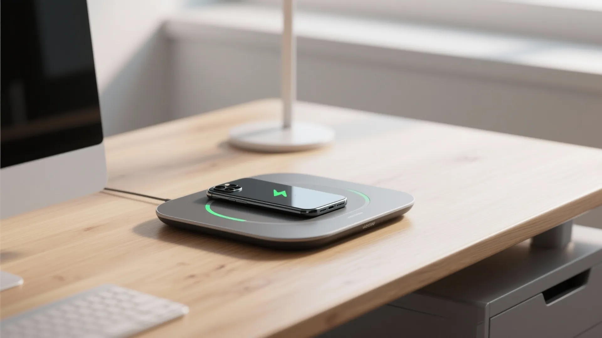 Smartphone charging on a grey wireless pad on a wooden desk with a white lamp