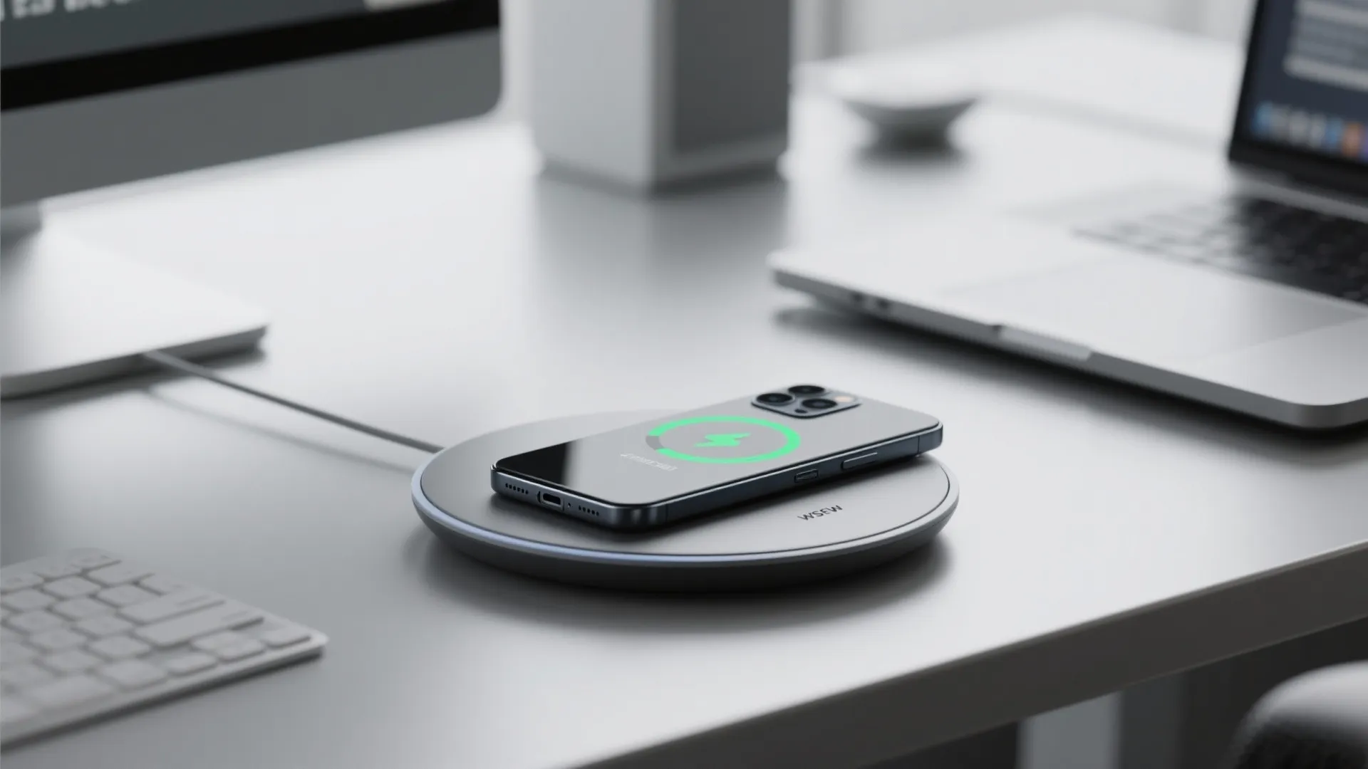 Minimalist wireless charging pad with phone on desk