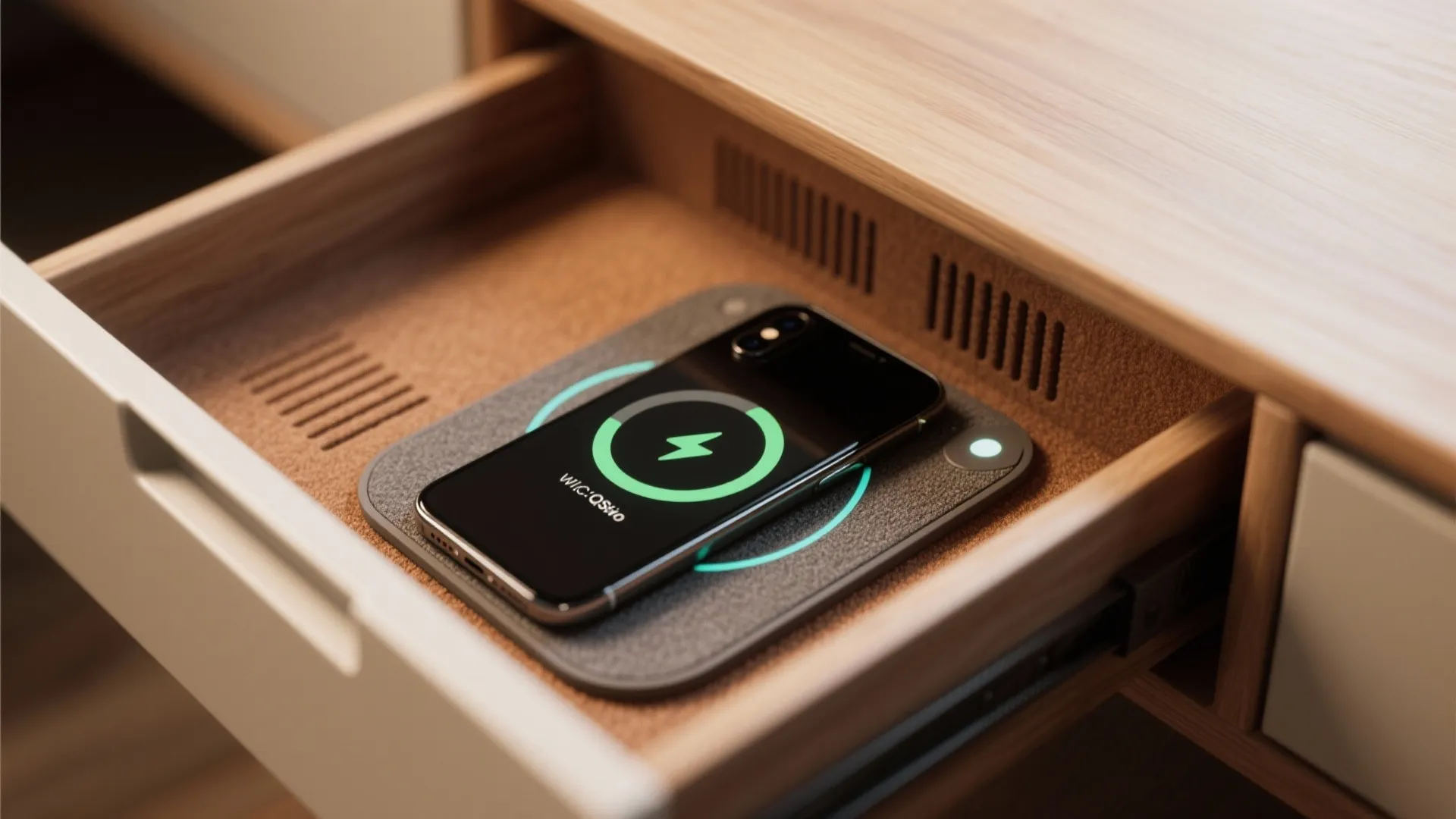 Smart wooden desk drawer with built in wireless charging pad for a mobile phone device