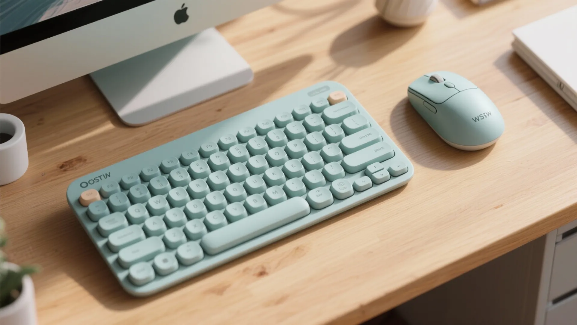 Mint green wireless keyboard and mouse set on a light wood desk near computer monitor