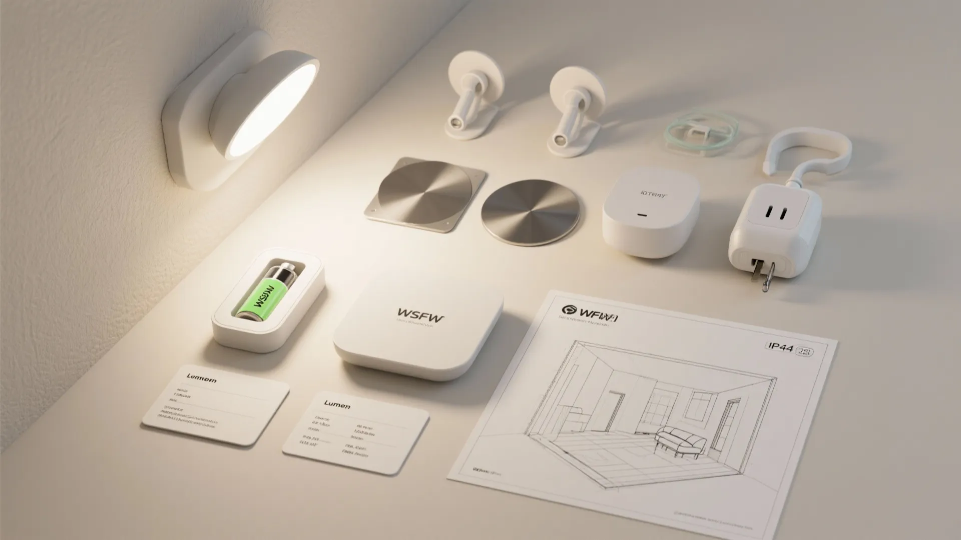 Flatlay of mounts, charger, IP-rated casing, and spec cards for rechargeable wireless wall lights.