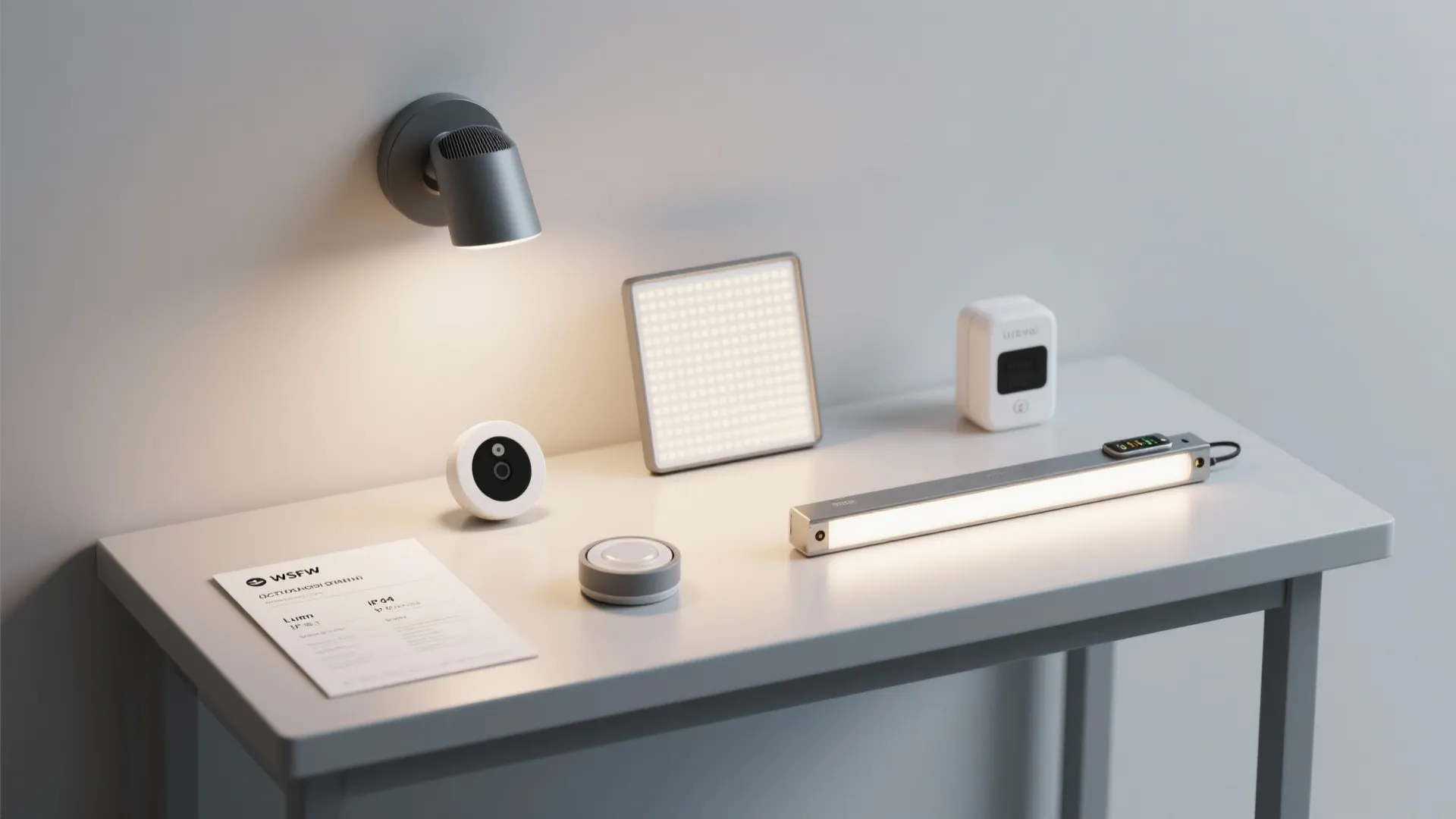 Grey desk displaying wall light, square light panel, small camera, light bar, and home devices