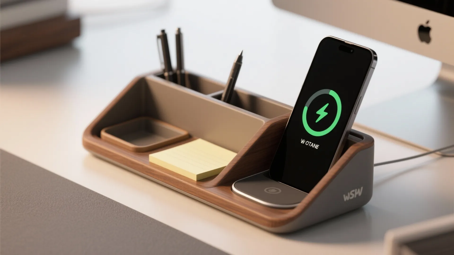Wooden desk organizer holding a charging phone and pens and yellow sticky notes on desk