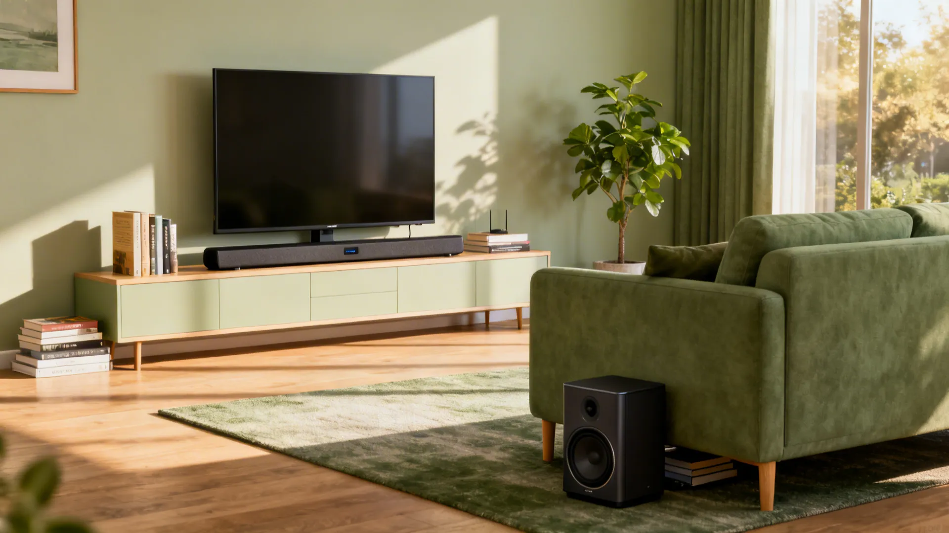 Small living room with a compact soundbar and a wireless subwoofer tucked under a sofa