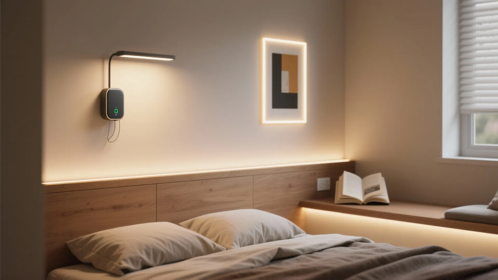 Modern bedroom with wooden headboard warm wall light fixture lit frame and open book on shelf