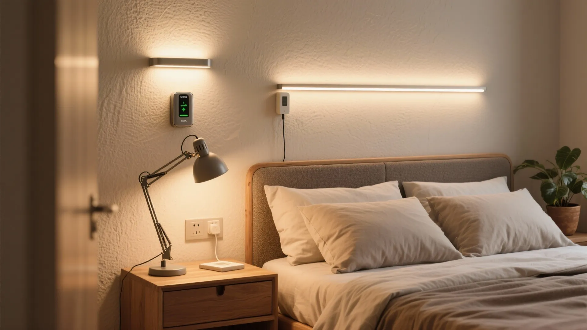 Cozy bedroom with warm wall lights above a bed with white pillows and a nightstand