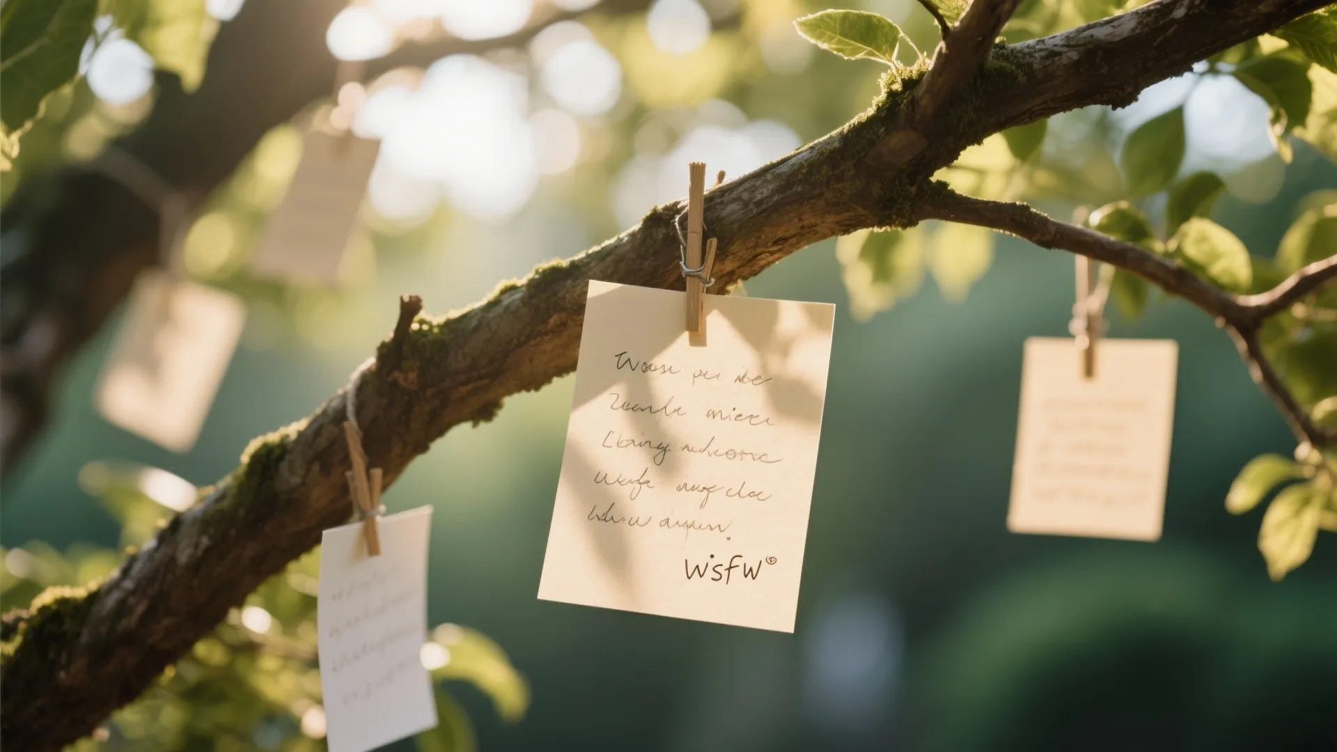 Close up of tree branch with paper notes attached by wood clips in bright natural sunlight