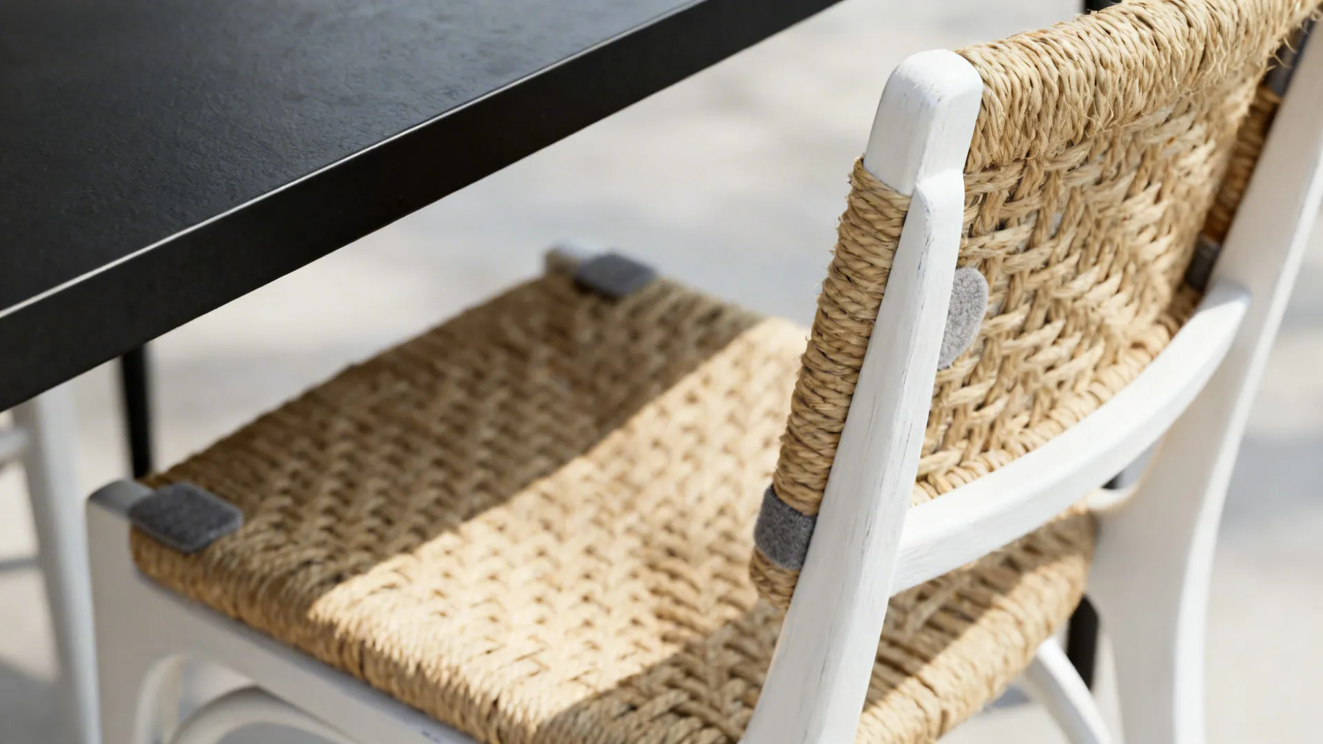 Close up of white wooden chair with woven rope seat next to a black table