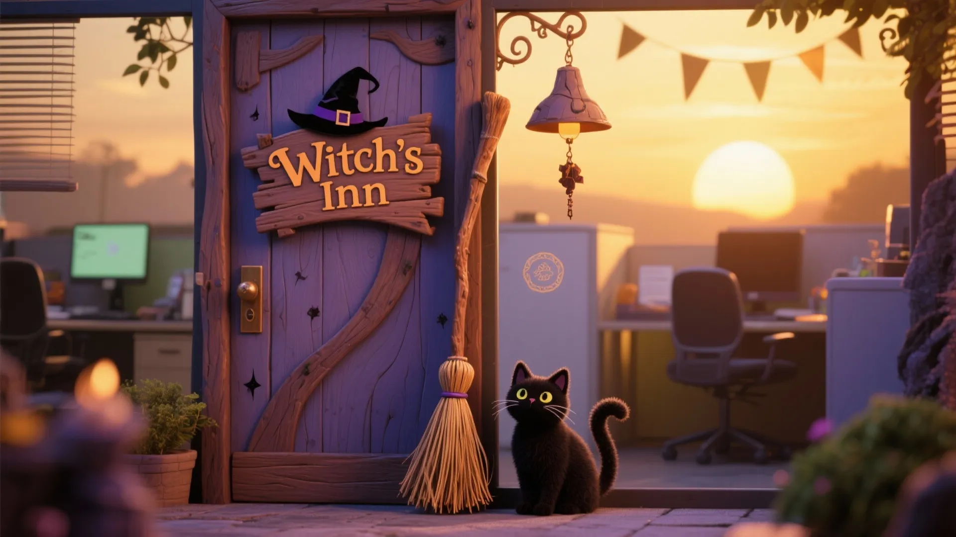 Purple wooden door with a witch hat sign broom and black cat in an office