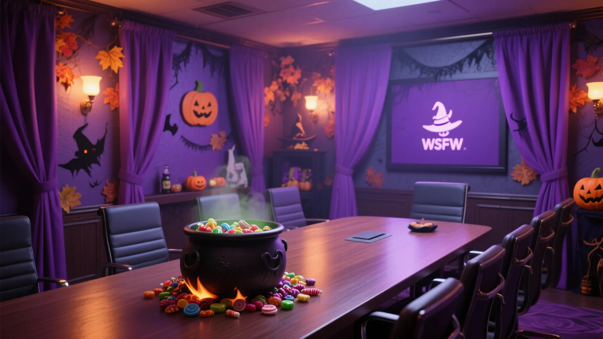 Spooky meeting room with purple curtains, cauldron on table, carved pumpkins, and black office chairs
