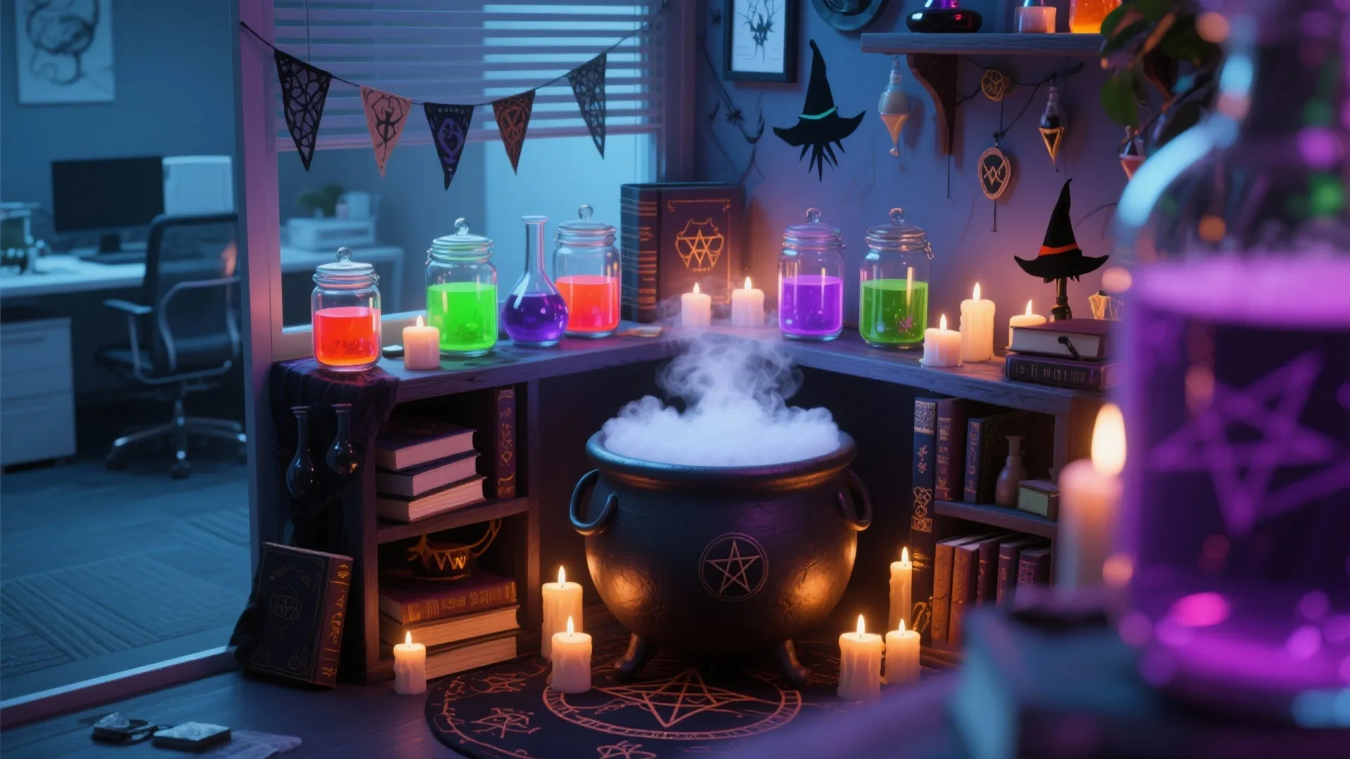 Office space styled as a witch’s potion lab with cauldrons and jars