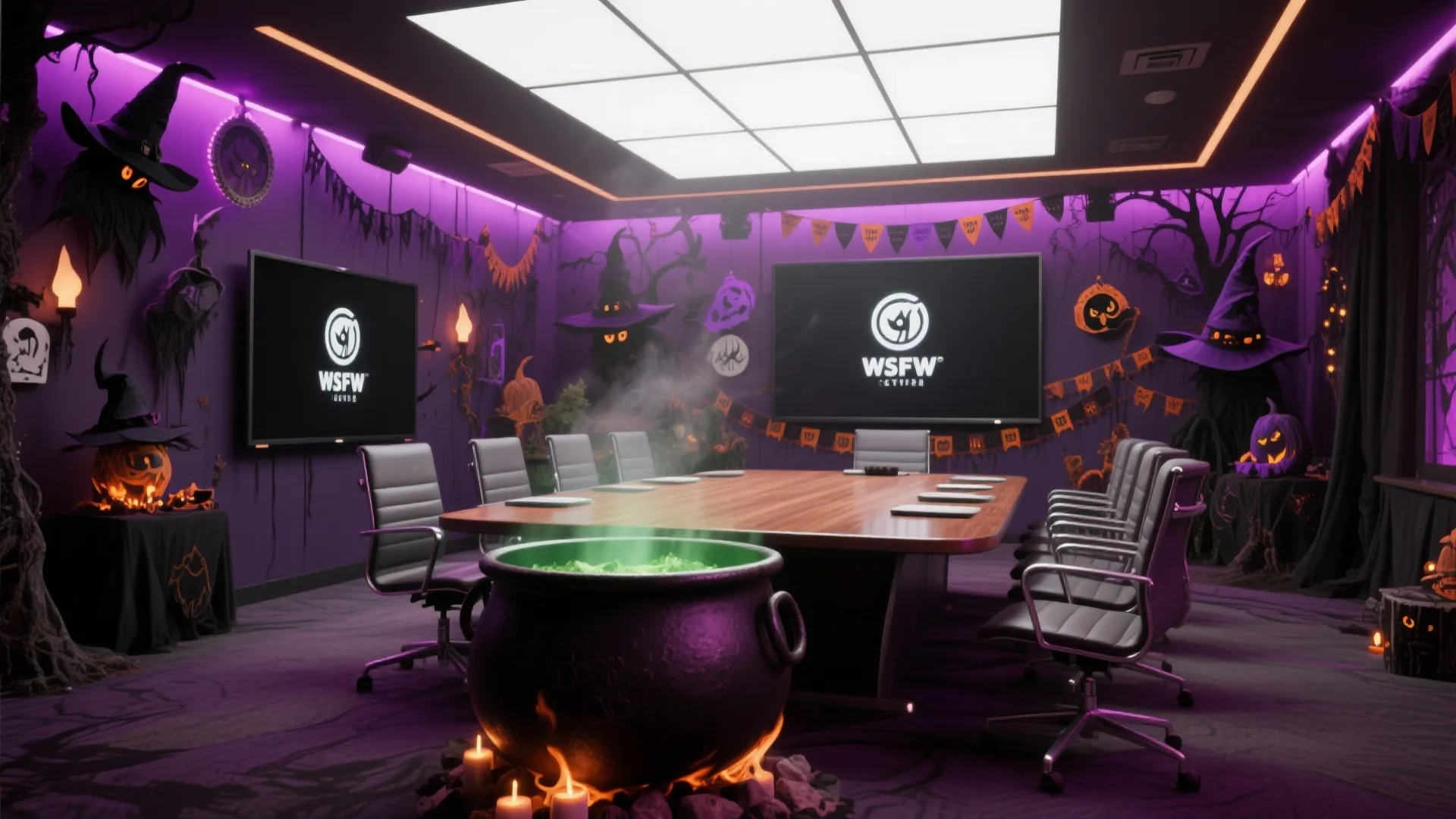 Meeting room decorated in a witch’s lair theme for Halloween