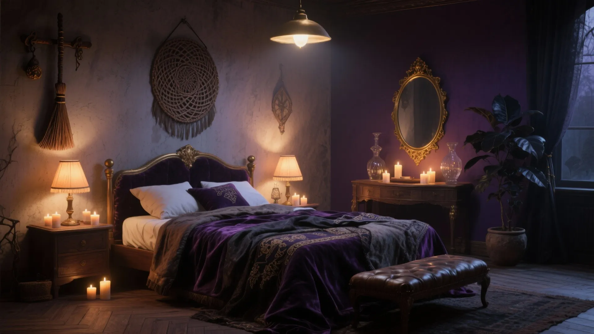 Moody purple bedroom featuring a velvet bed with candles gold mirror and dark wood furniture