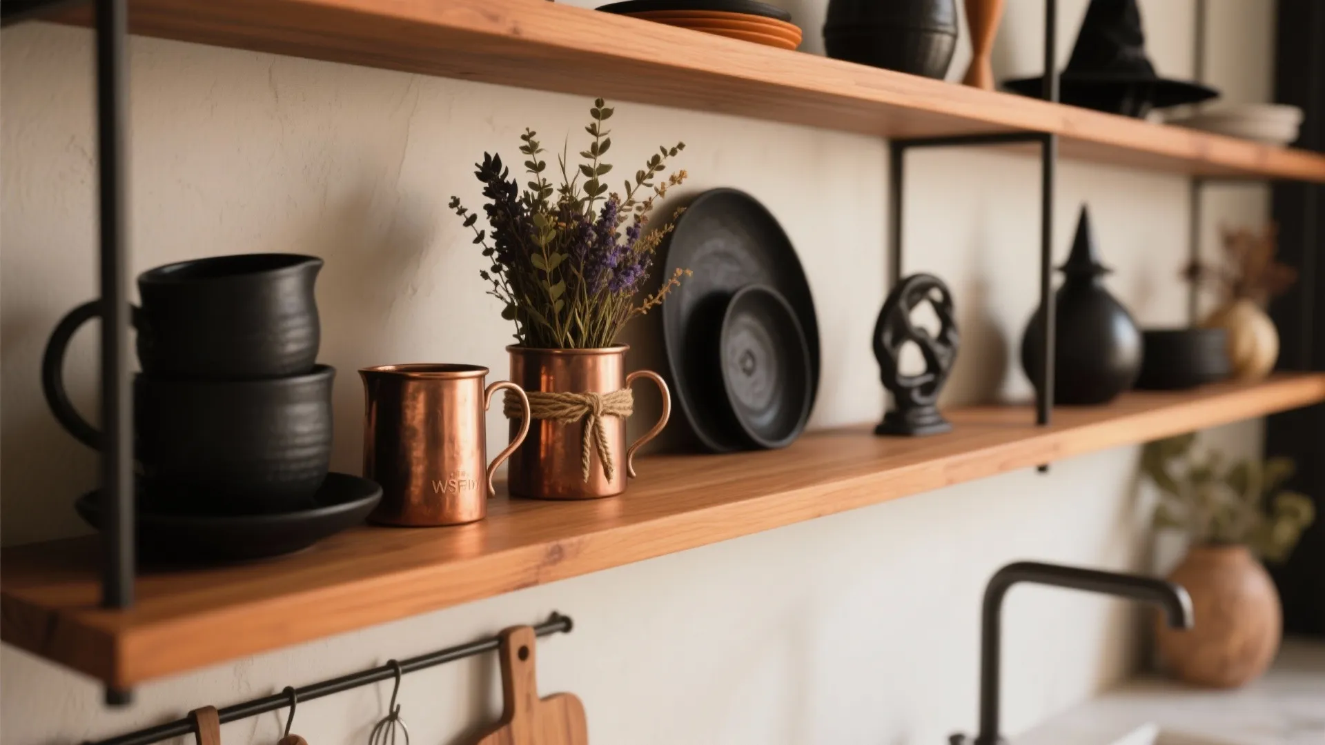 3. Witchy open-shelf styling (pots, copper, and herbs)