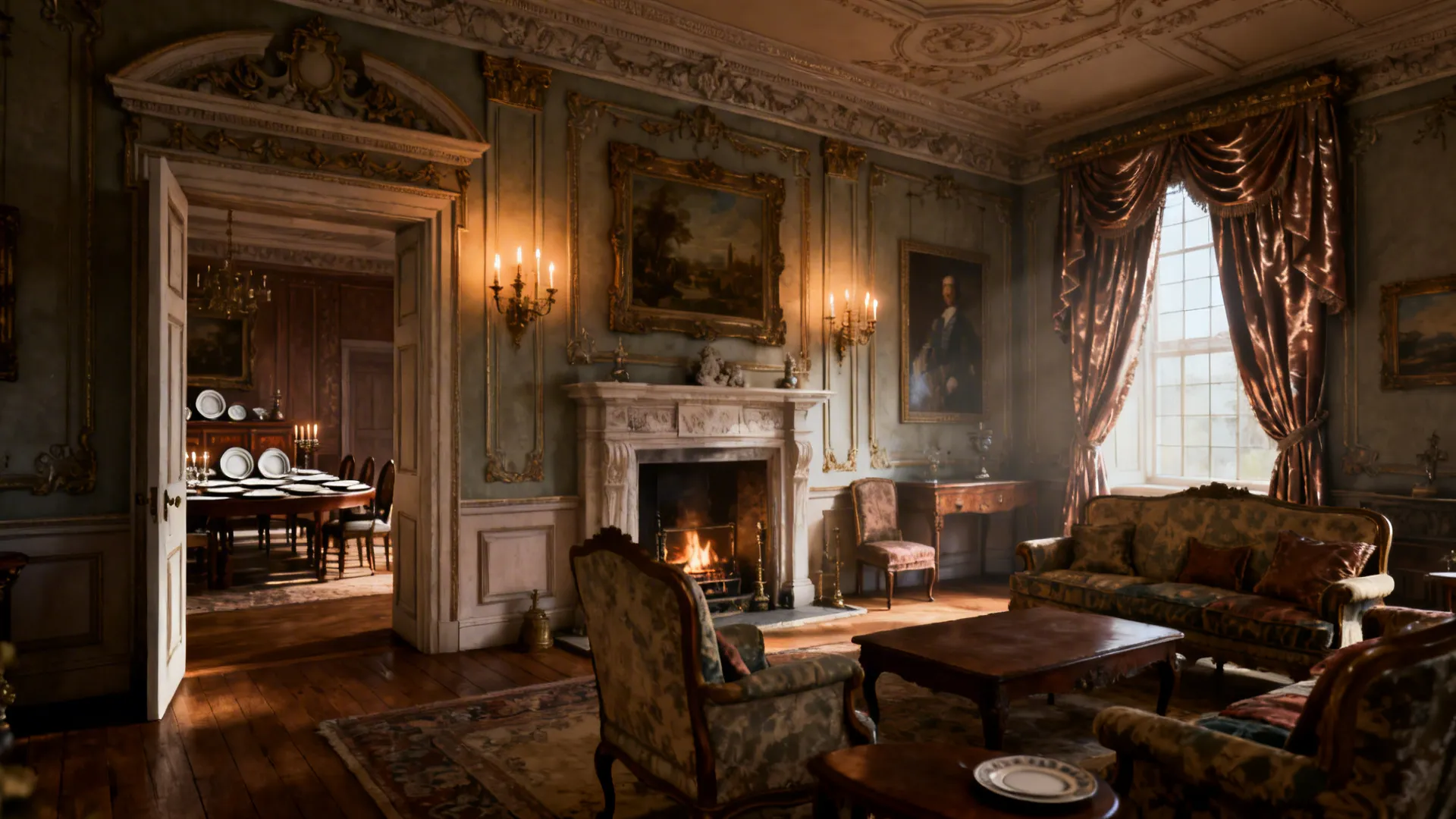 An elegant historical withdrawing room adjacent to a dining room, with a fireplace and formal seating.
