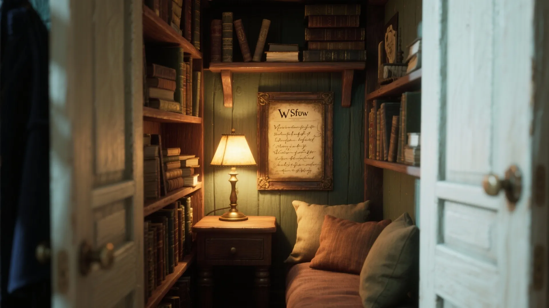 Small reading nook with wooden bookshelves lamp on side table soft pillows and framed art