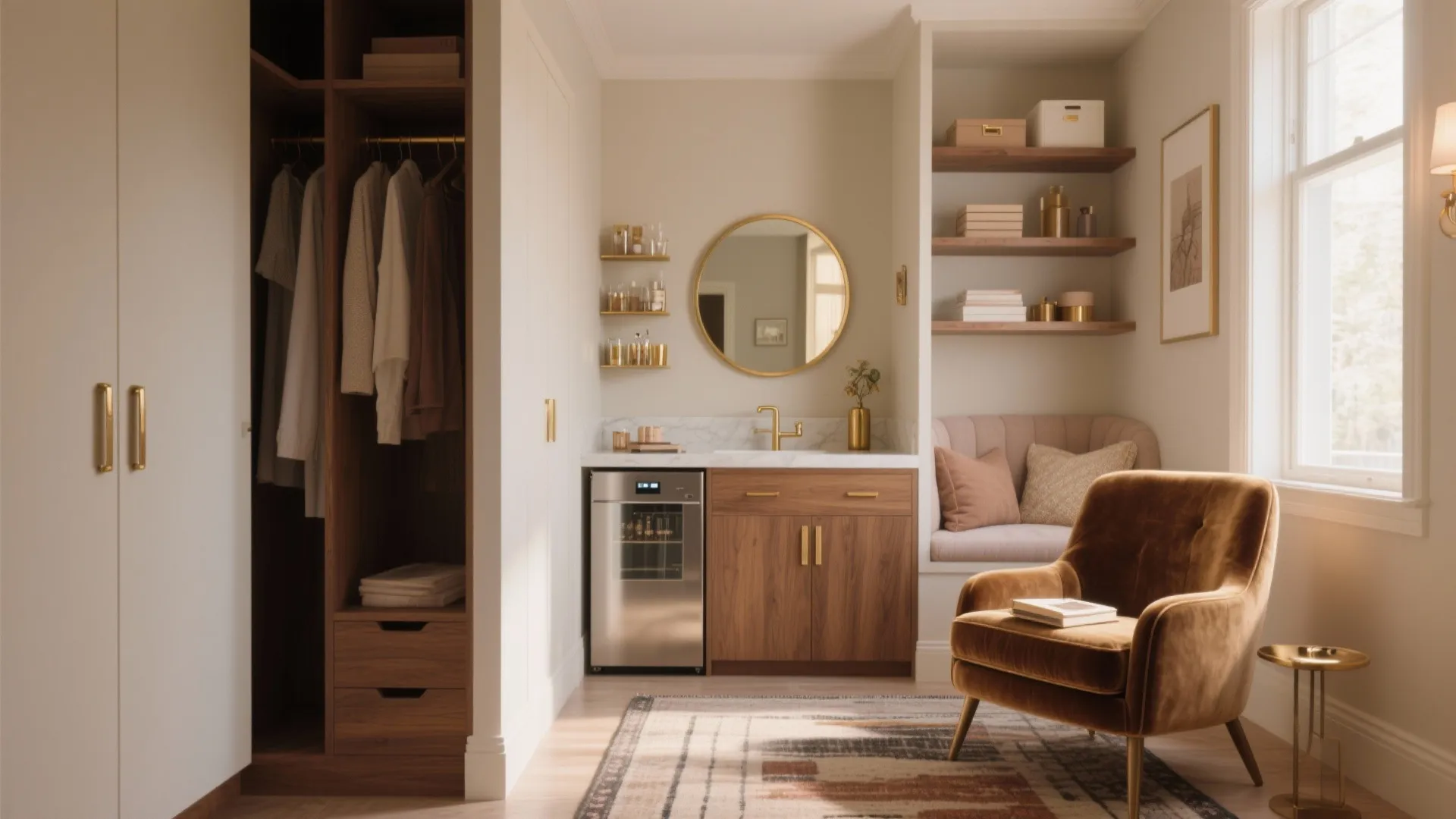 Cozy room with wood cabinets a mini fridge round mirror open closet and brown armchair