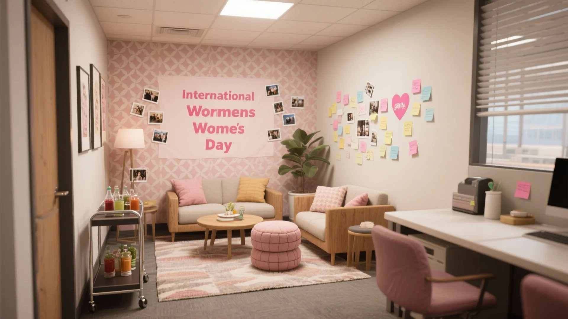 Office room decorated for womens day with pink banner sofas pink footrest and wall notes