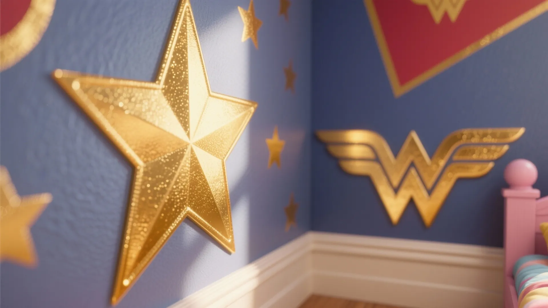 Blue wall with gold star stickers and winged logo decoration near white floor wall panel
