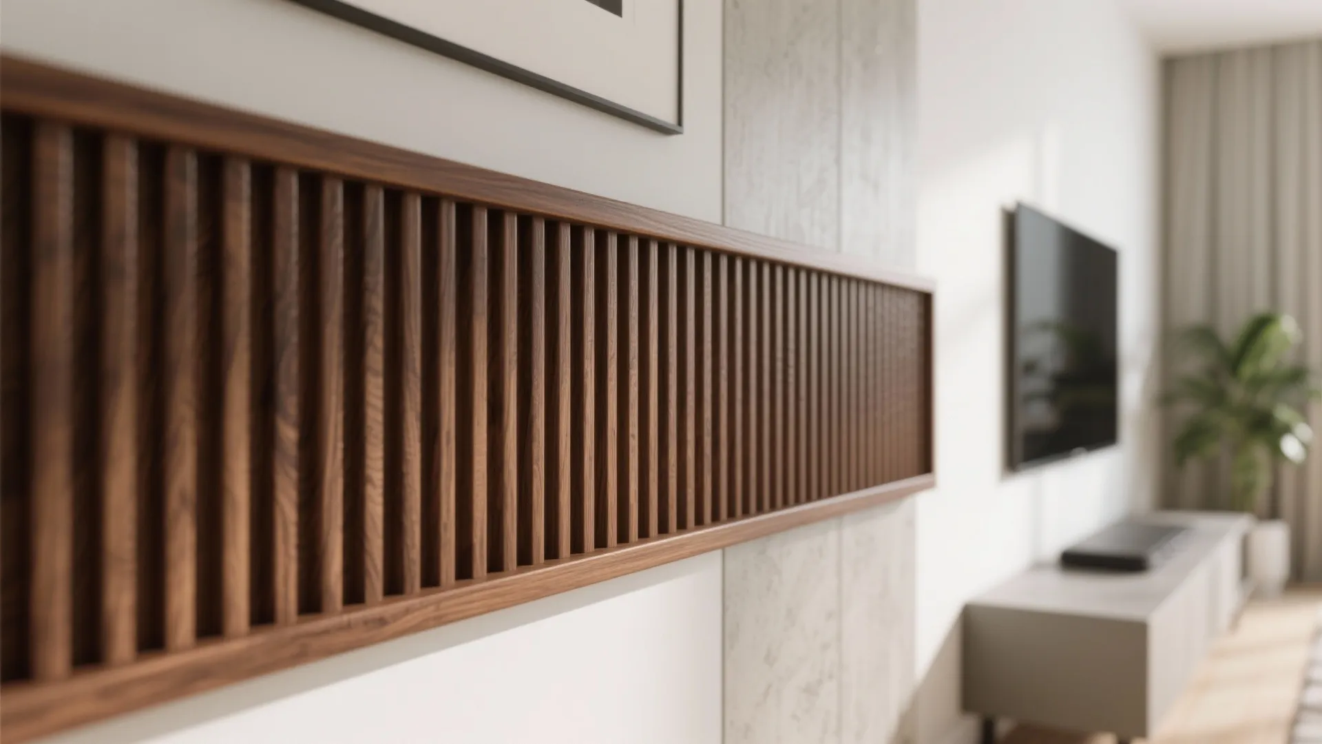 Close up of vertical dark wood wall panel accent with television and cabinet in background