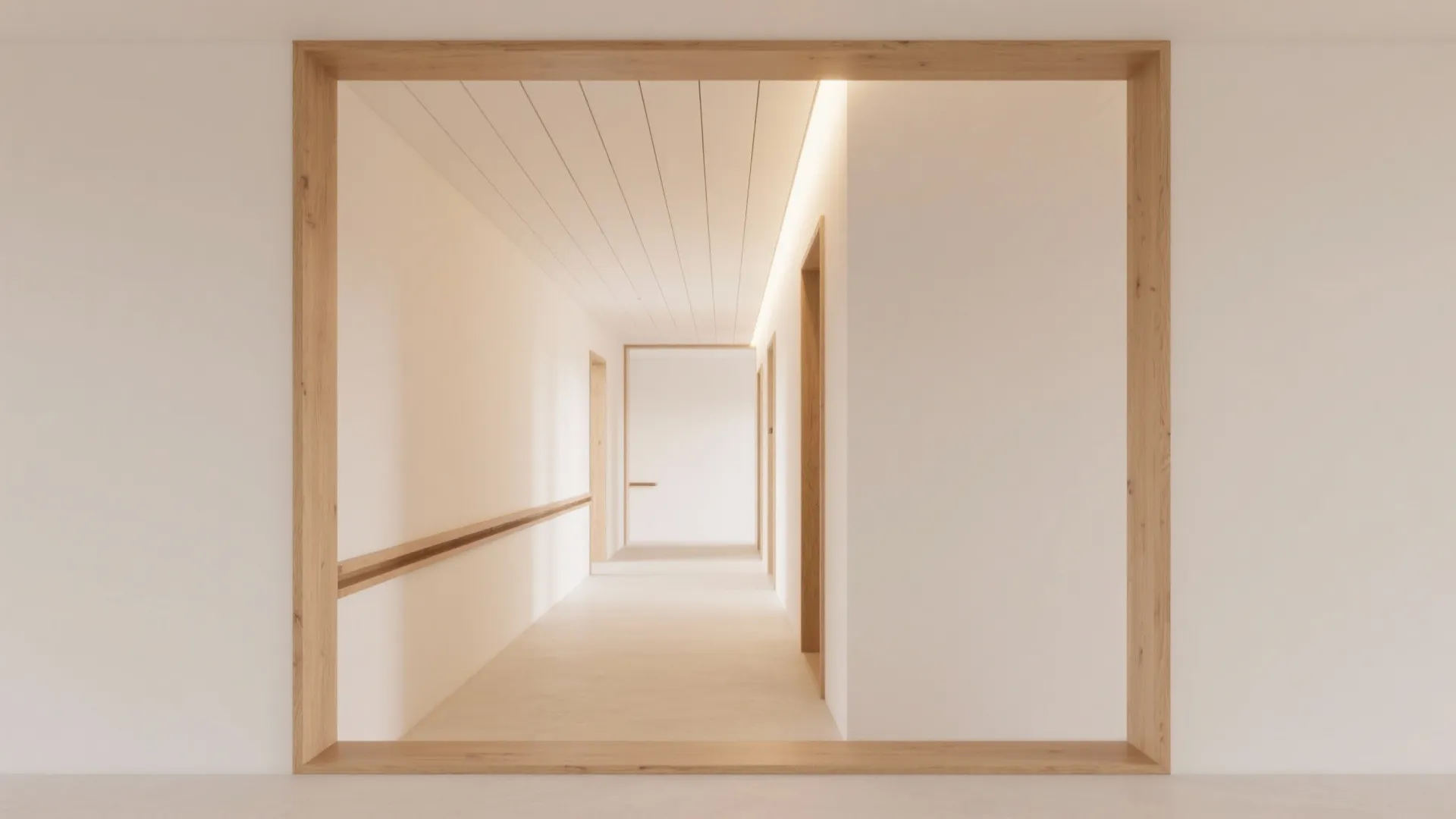 Modern white corridor viewed through wood frame featuring clean lines wooden floor and recessed lighting
