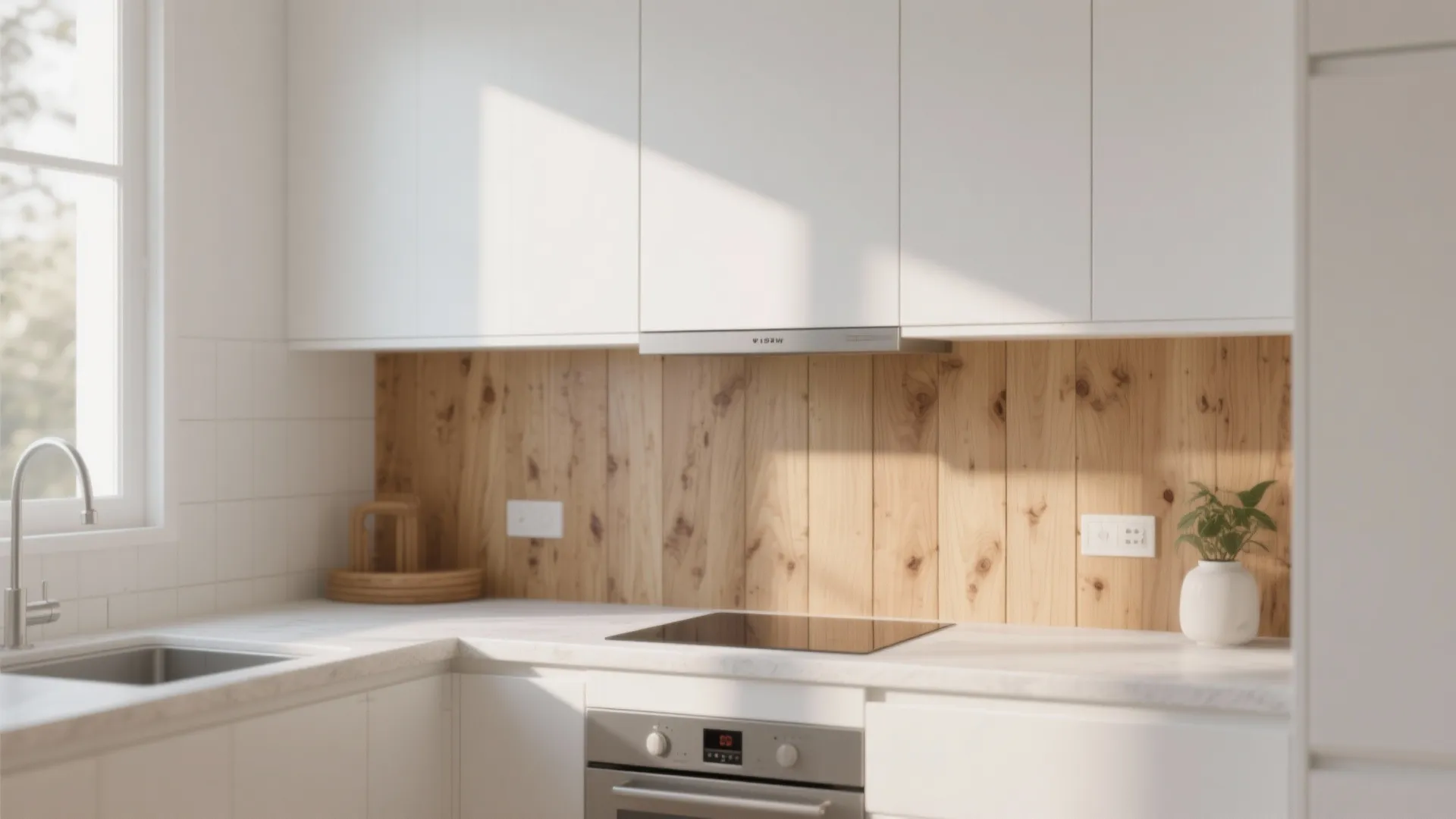 Modern white kitchen featuring wood wall panel backsplash with white cabinets and a black stove