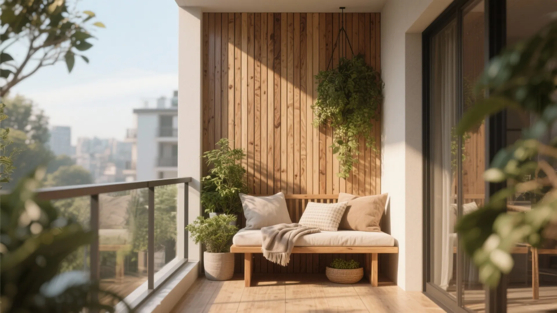 Sunny balcony design with wood wall panel wooden bench white cushions and green hanging plants