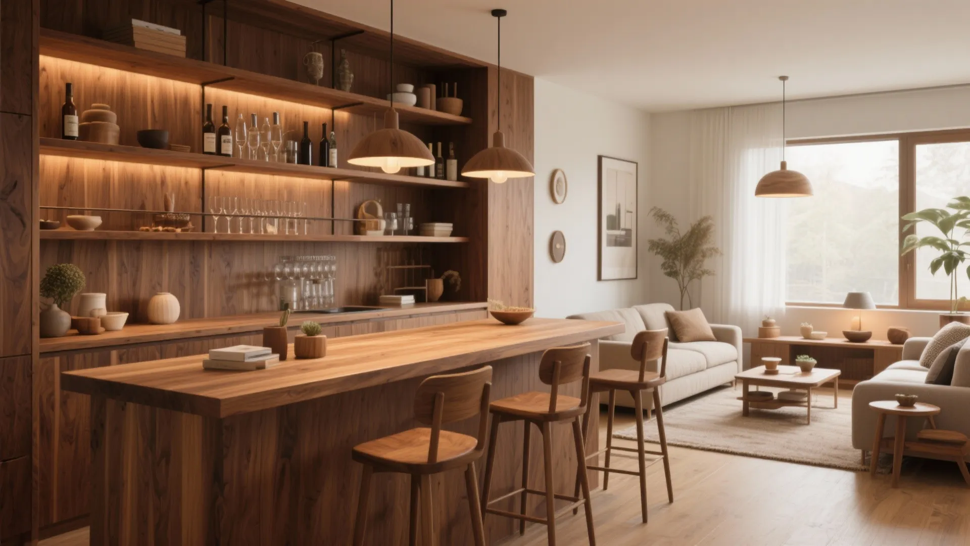 Wood-accented living room bar with warm tones