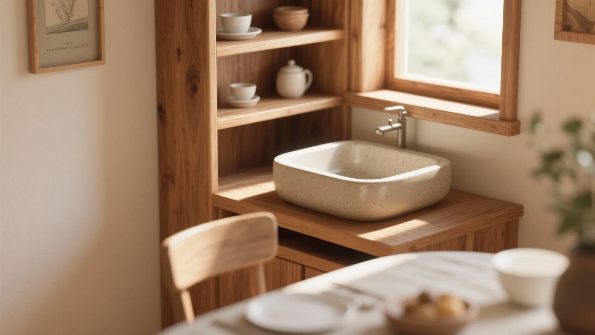 Modern stone sink on wooden bathroom cabinet with open shelves and bright natural window light