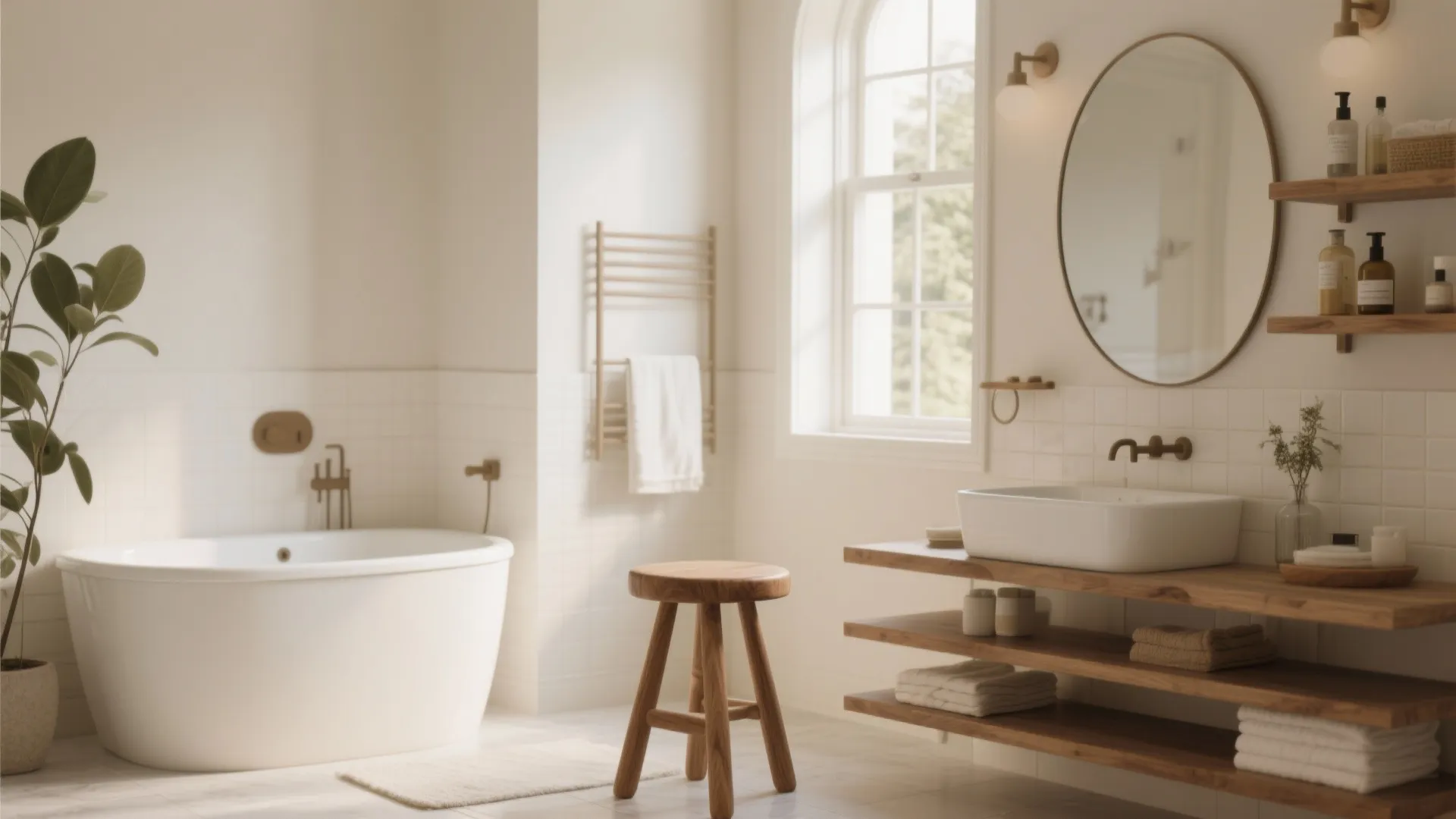 Bright bathroom with a white bathtub wooden stool shelves round mirror and a tall plant