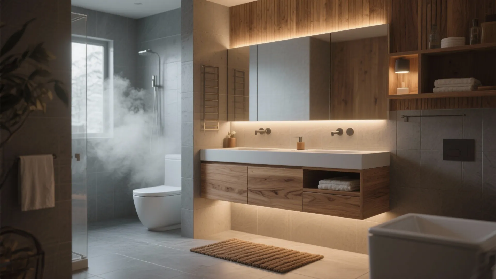 2. Warm wood accents to soften the coolness