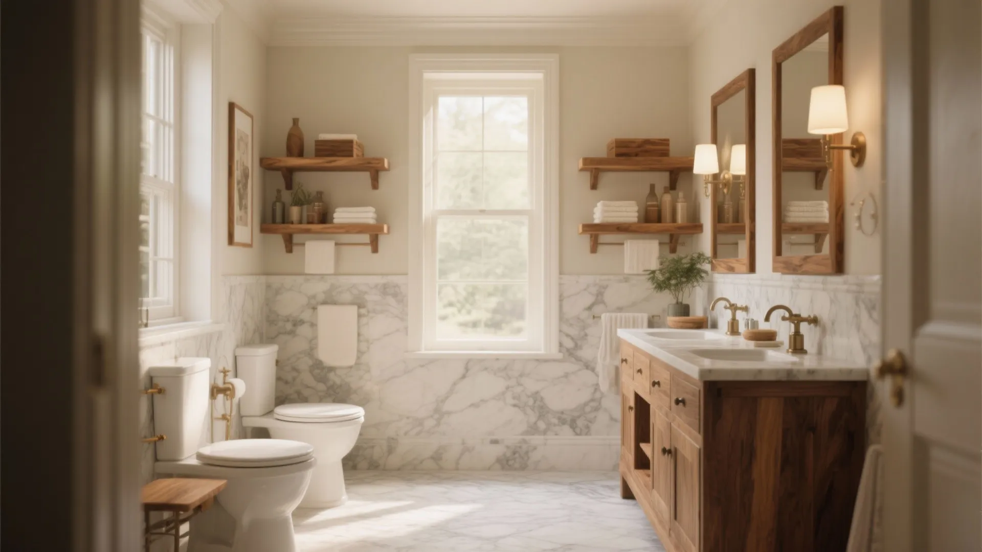Modern bathroom with marble wall panels wooden cabinet toilet double sinks wall shelves and natural light