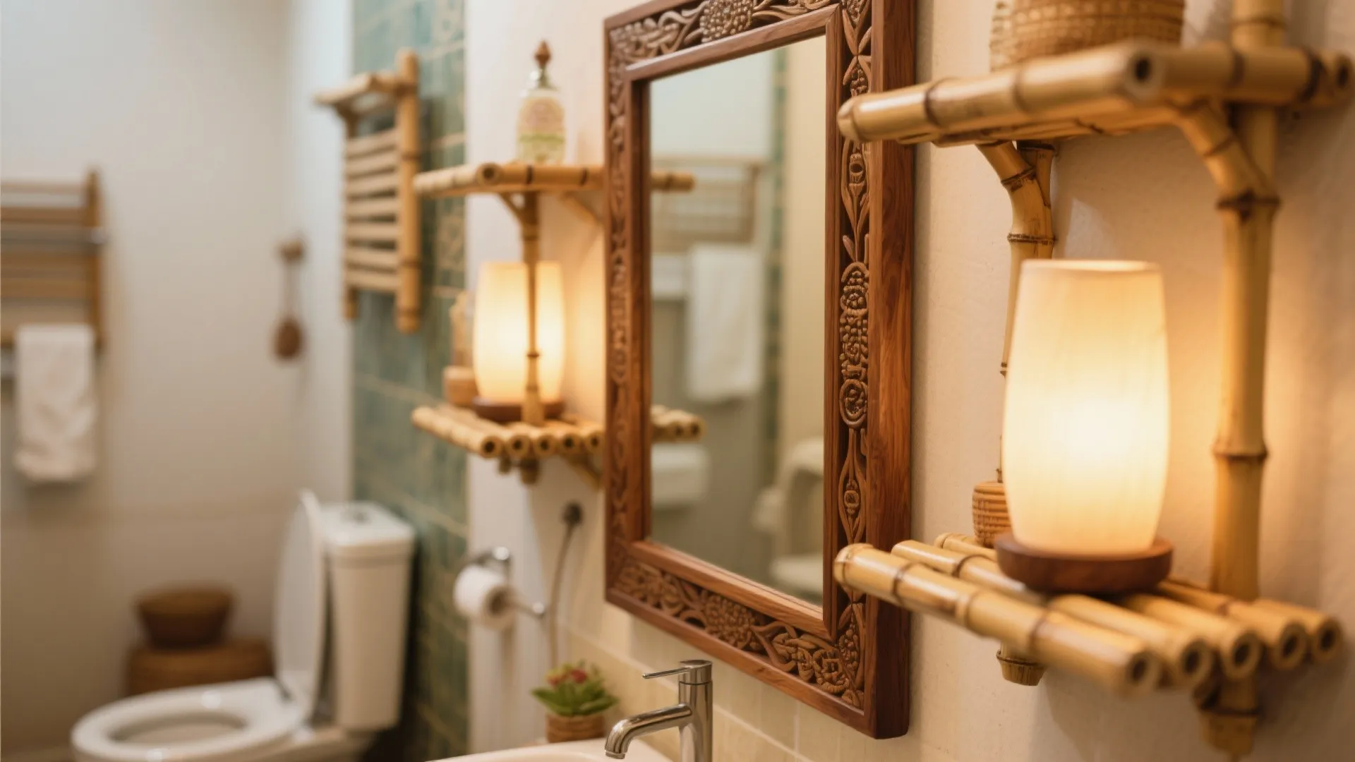 Bamboo bathroom shelves with light fixtures next to a wooden mirror and white toilet bowl