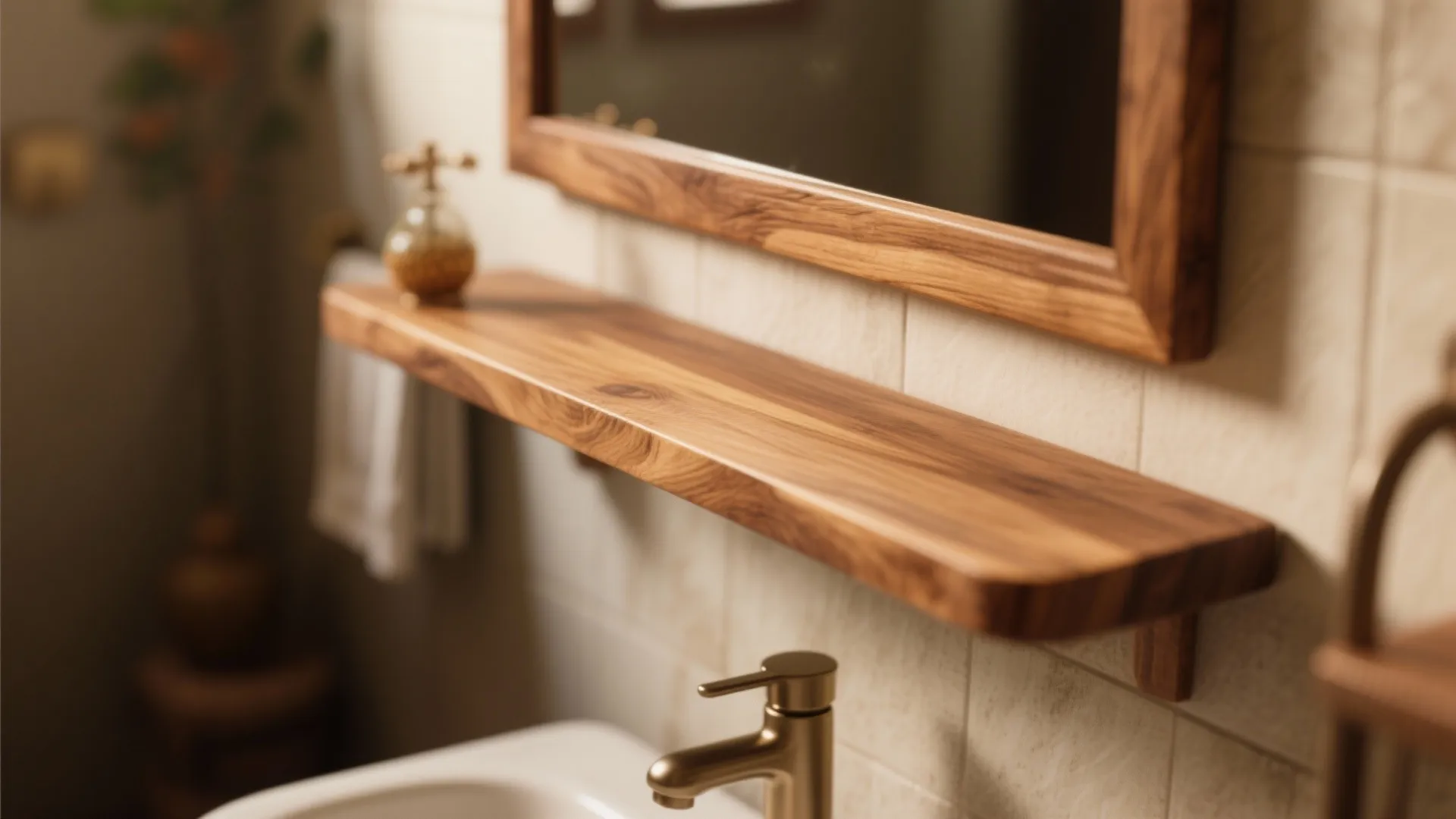 Close up of a wooden wall shelf under a mirror with a gold sink tap