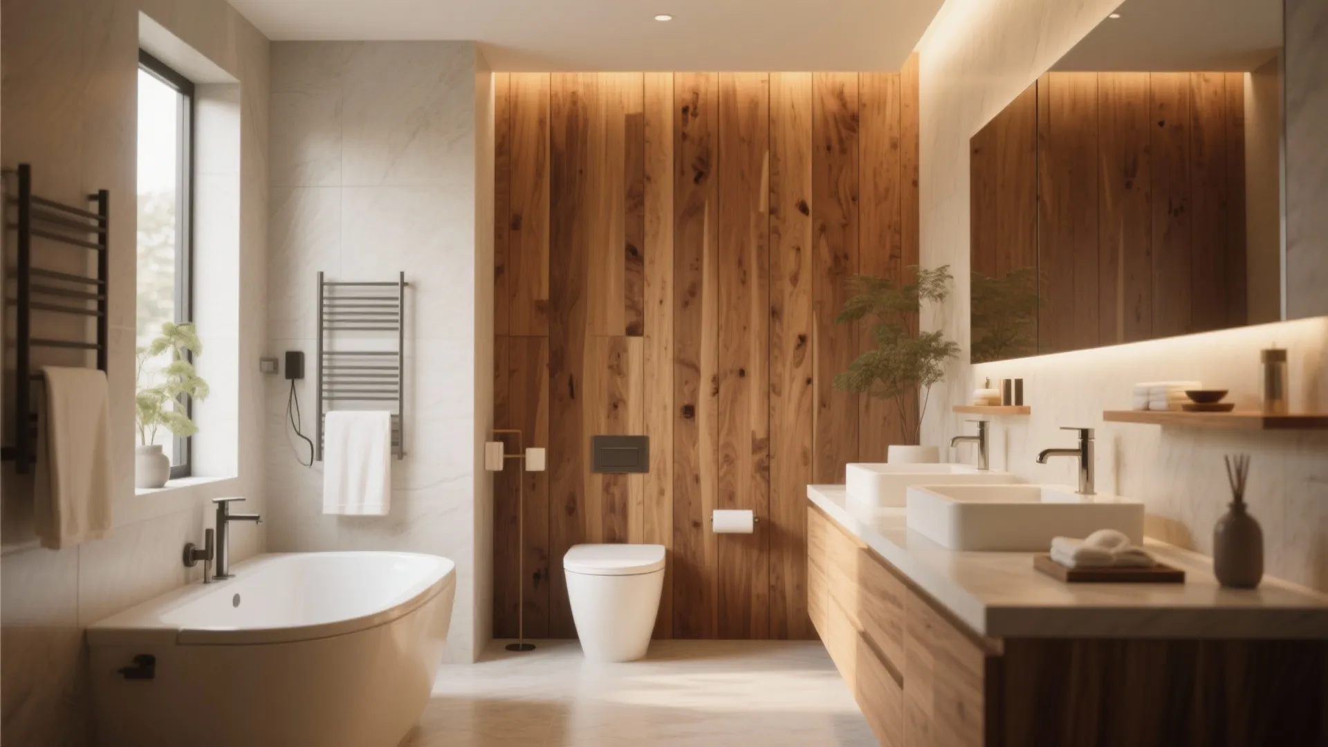 Warm bathroom design with wood wall panels white bathtub double sinks and large lighted mirror