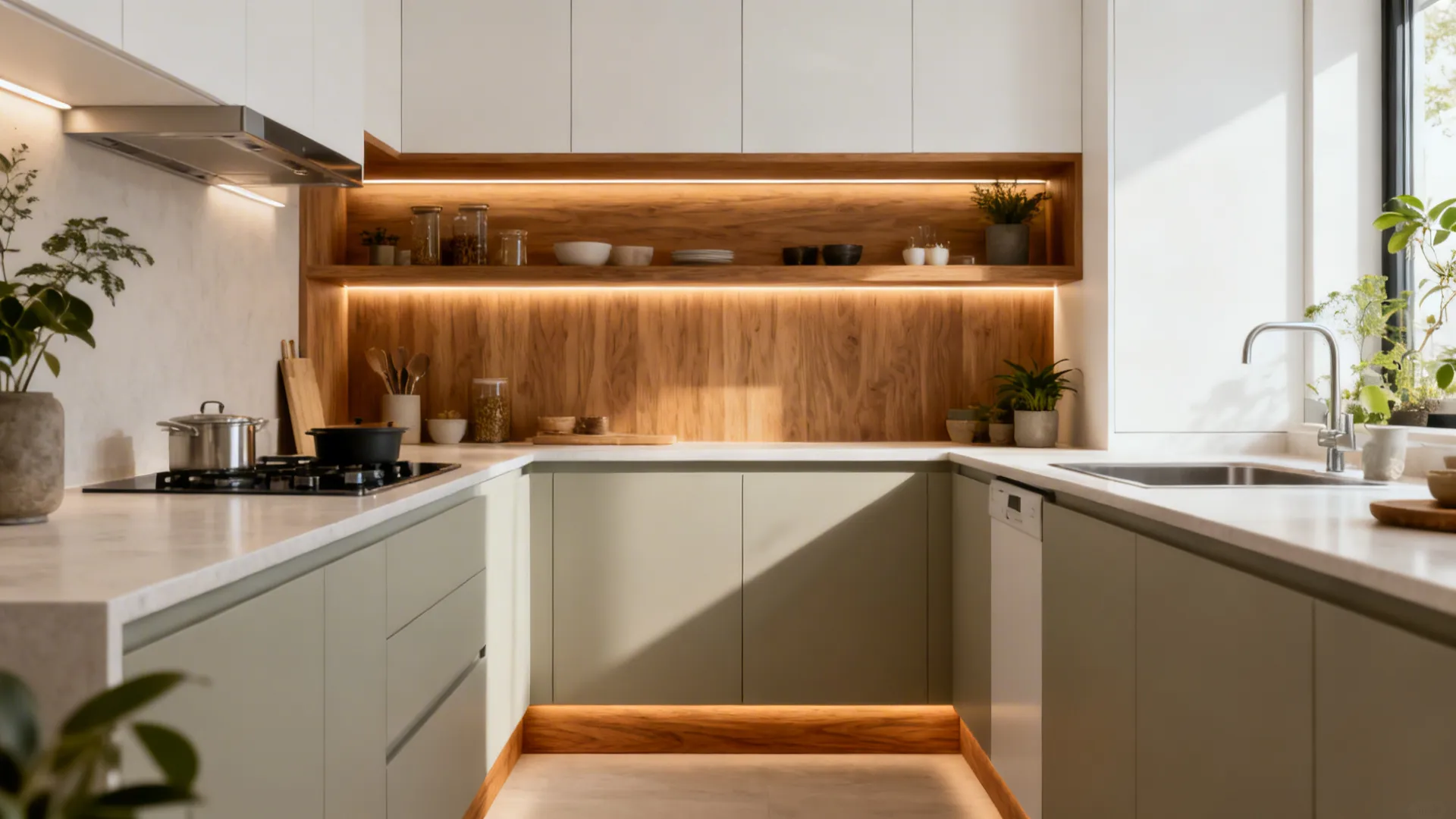Minimalist BTO kitchen with oak accents on an open shelf and toe-kick for added warmth.
