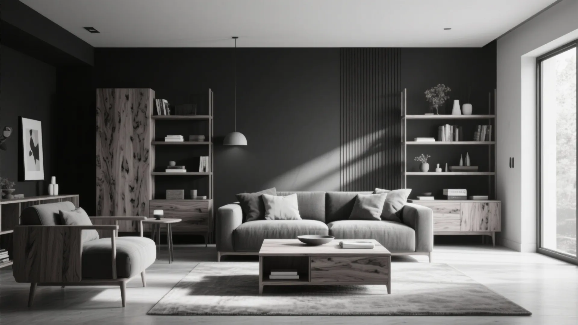 Grey living room with wooden coffee table matching bookshelf dark wall panels and large glass door