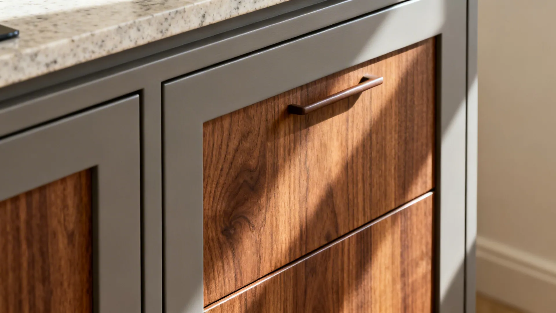 Close up of a grey cabinet with wood door panel and a small metal handle