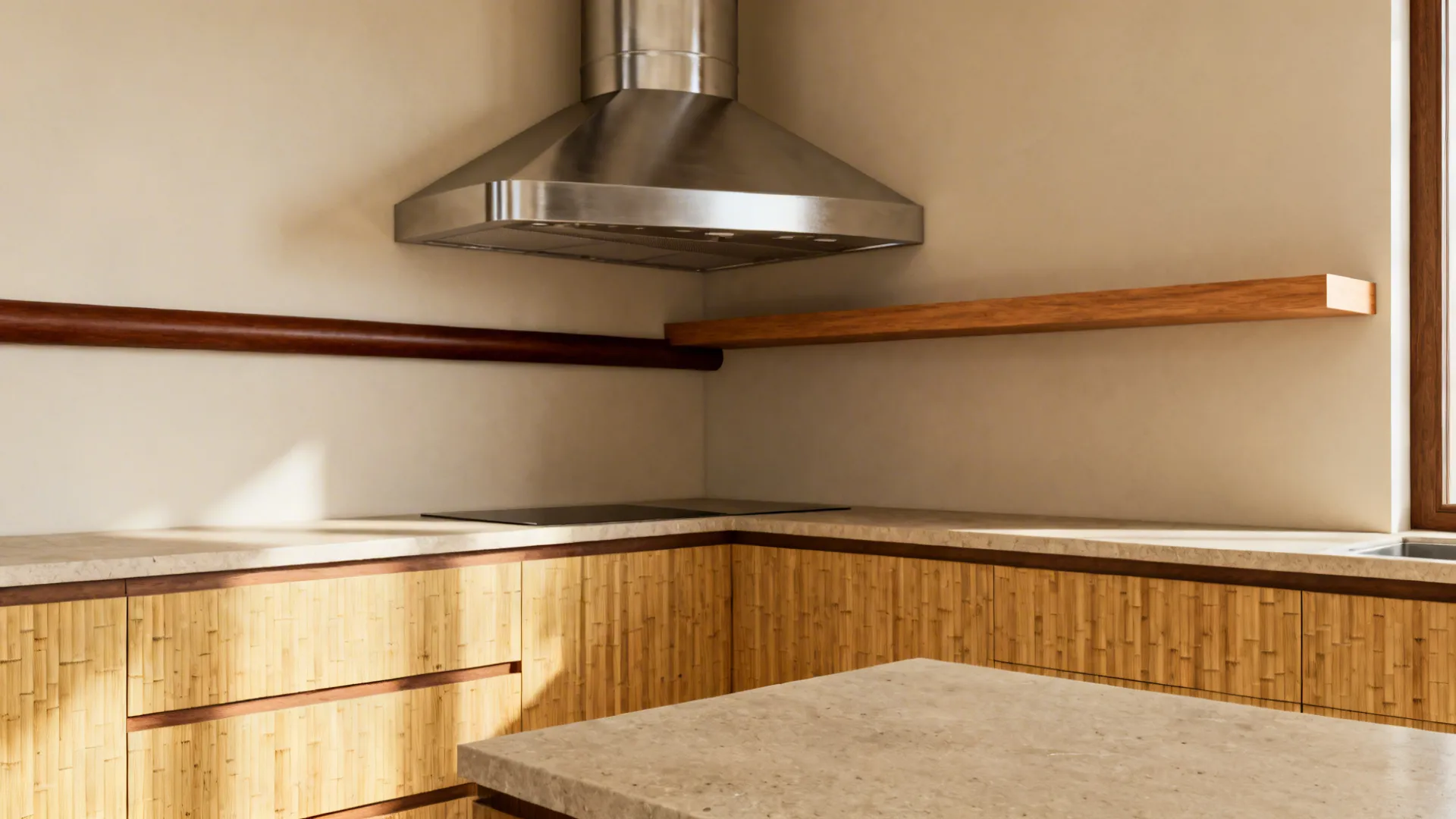 Modern kitchen corner with bamboo cabinets stone countertop stainless steel range hood and wooden wall shelf