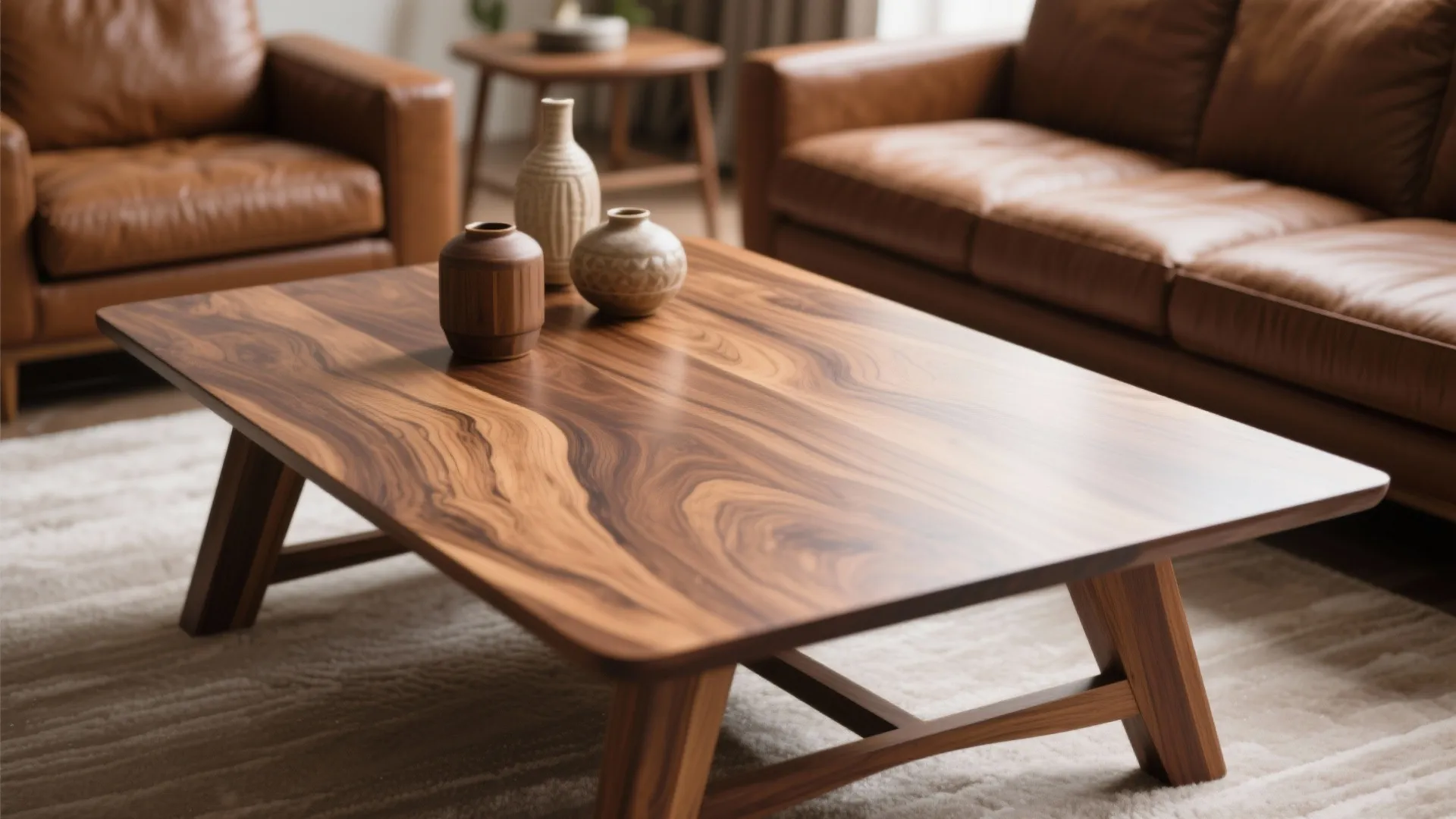 Wooden coffee table with natural grain texture holding small vases in a cozy living room