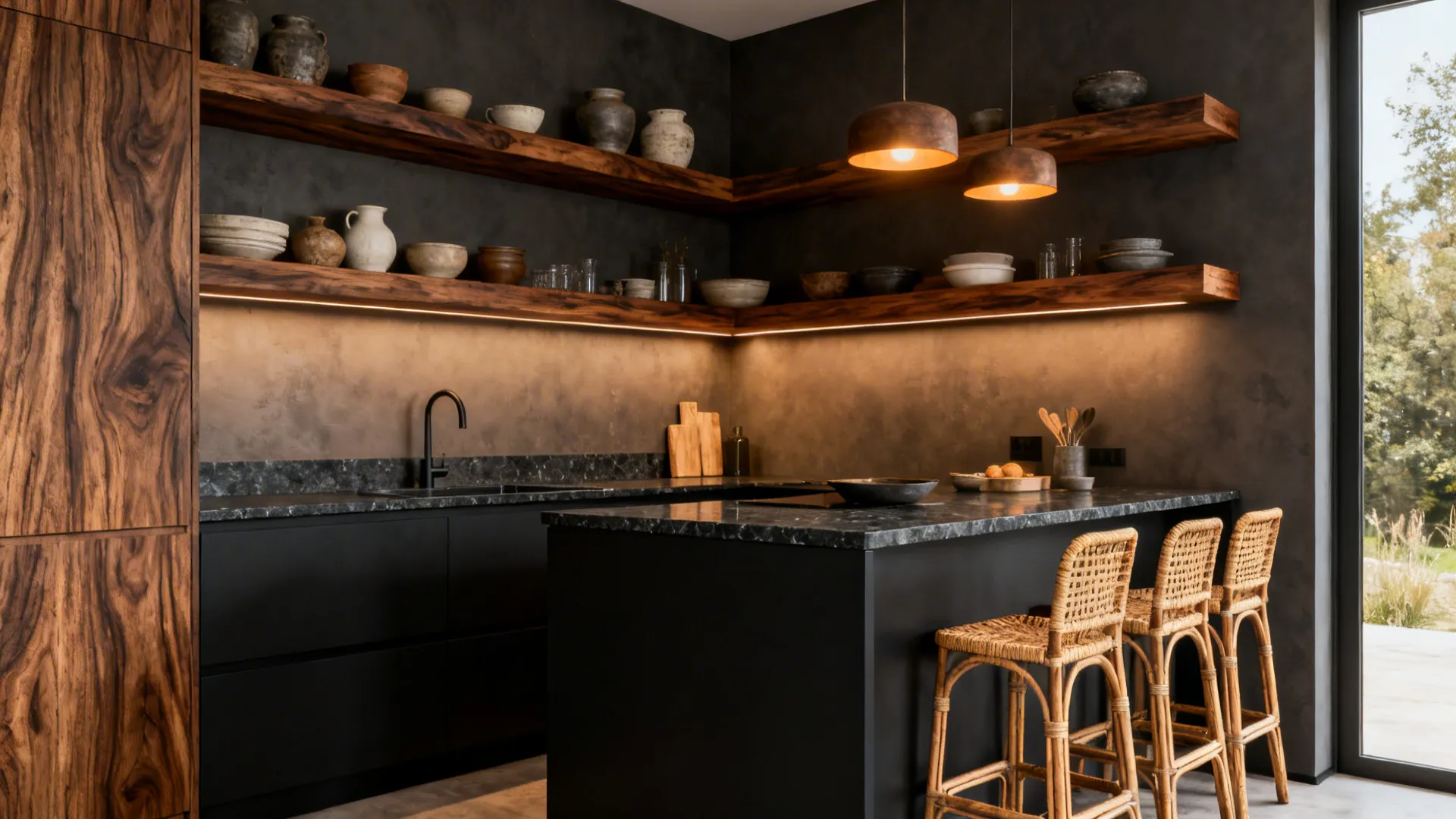 Natural Texture: Wood, Rattan, and Smoke-Stained Oak