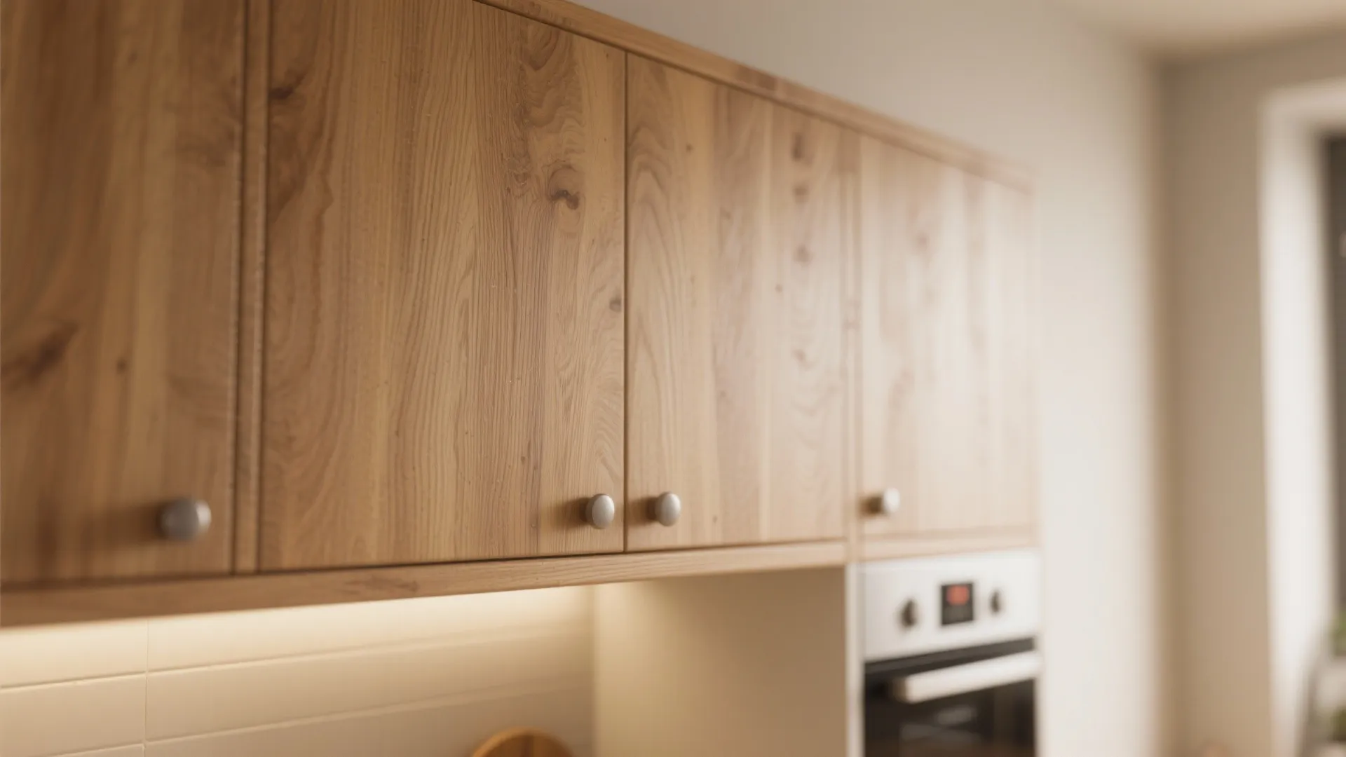 Close up of wooden kitchen cabinet doors with round silver handles and built in oven view