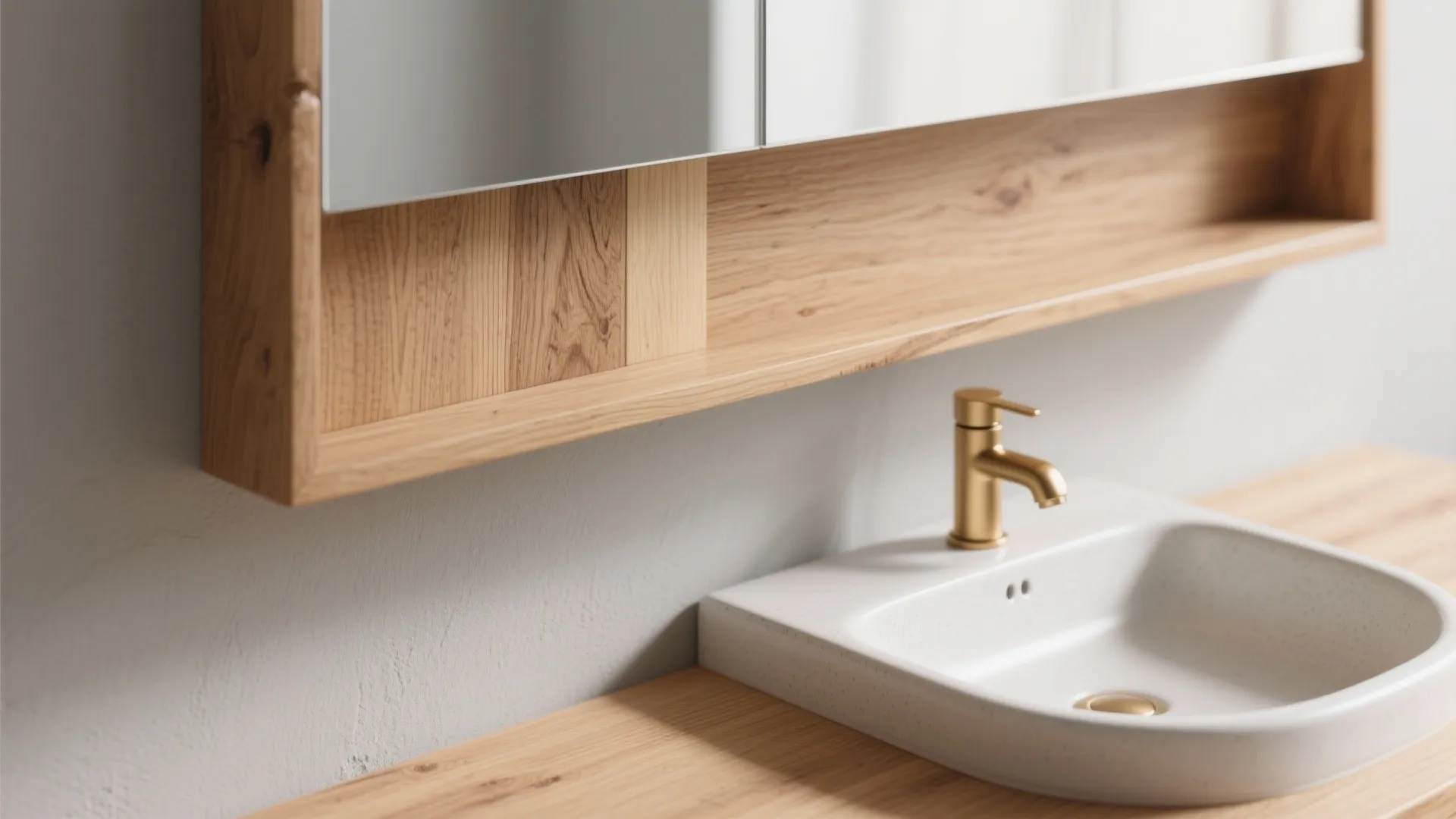 1. Warm wood accents against light gray