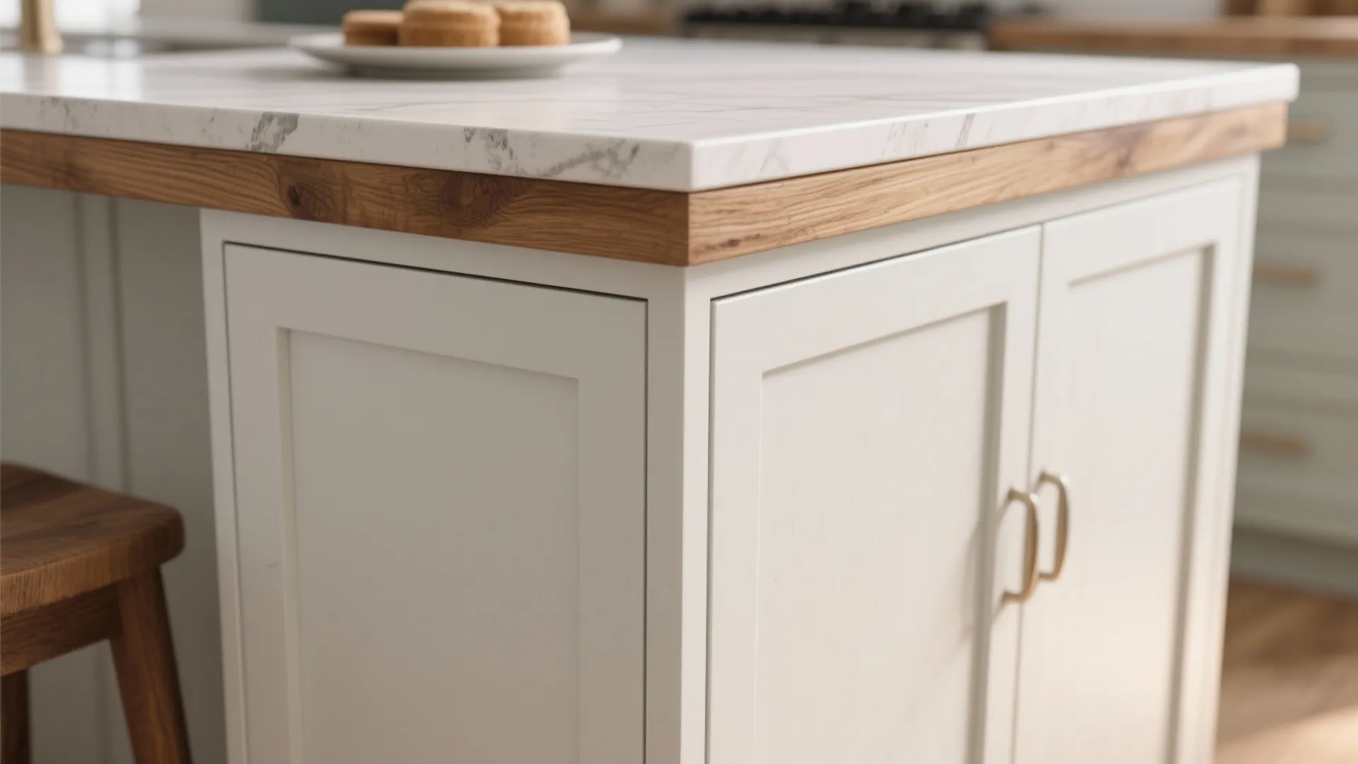 Close up of a marble kitchen island countertop with wood trim and white cabinet doors