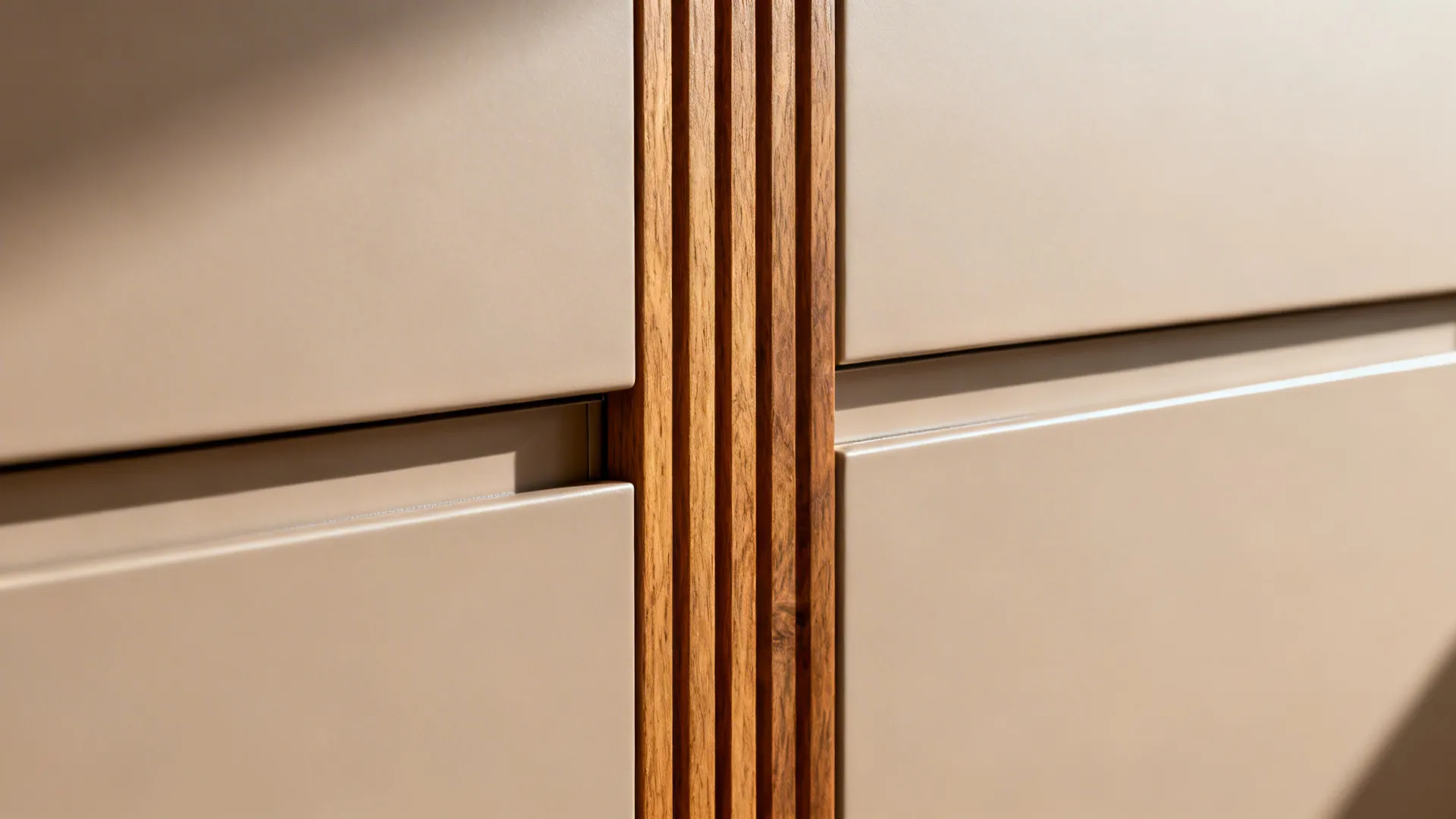 Macro of vertical oak slat accent between matte cabinet fronts, highlighting warm texture and clean junction.